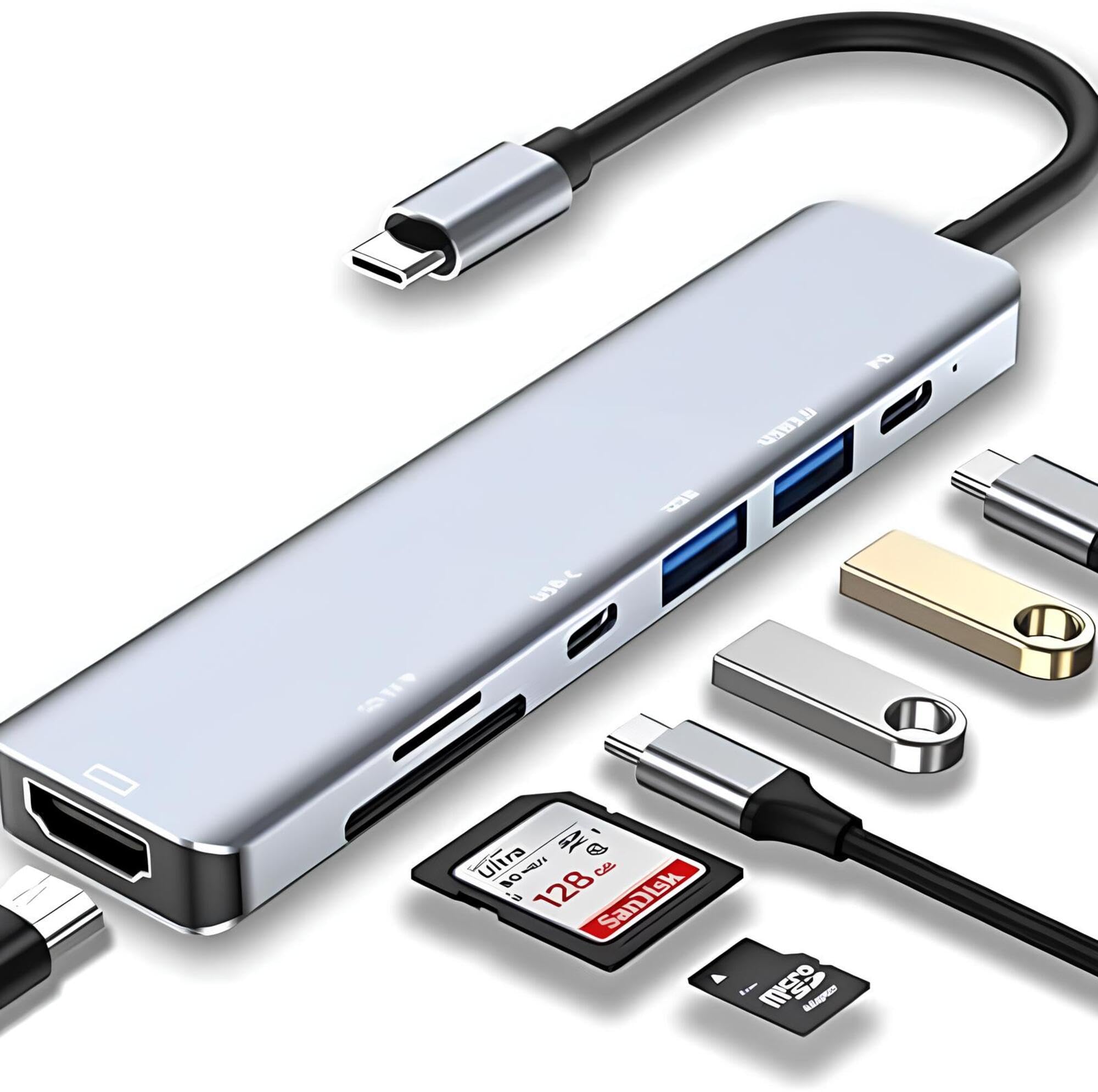 Adaptador Hub 7 em 1 USB-C Premium com Saída HDMI 4K a 60Hz, 7 Portas, USB 3.0, Leitor de