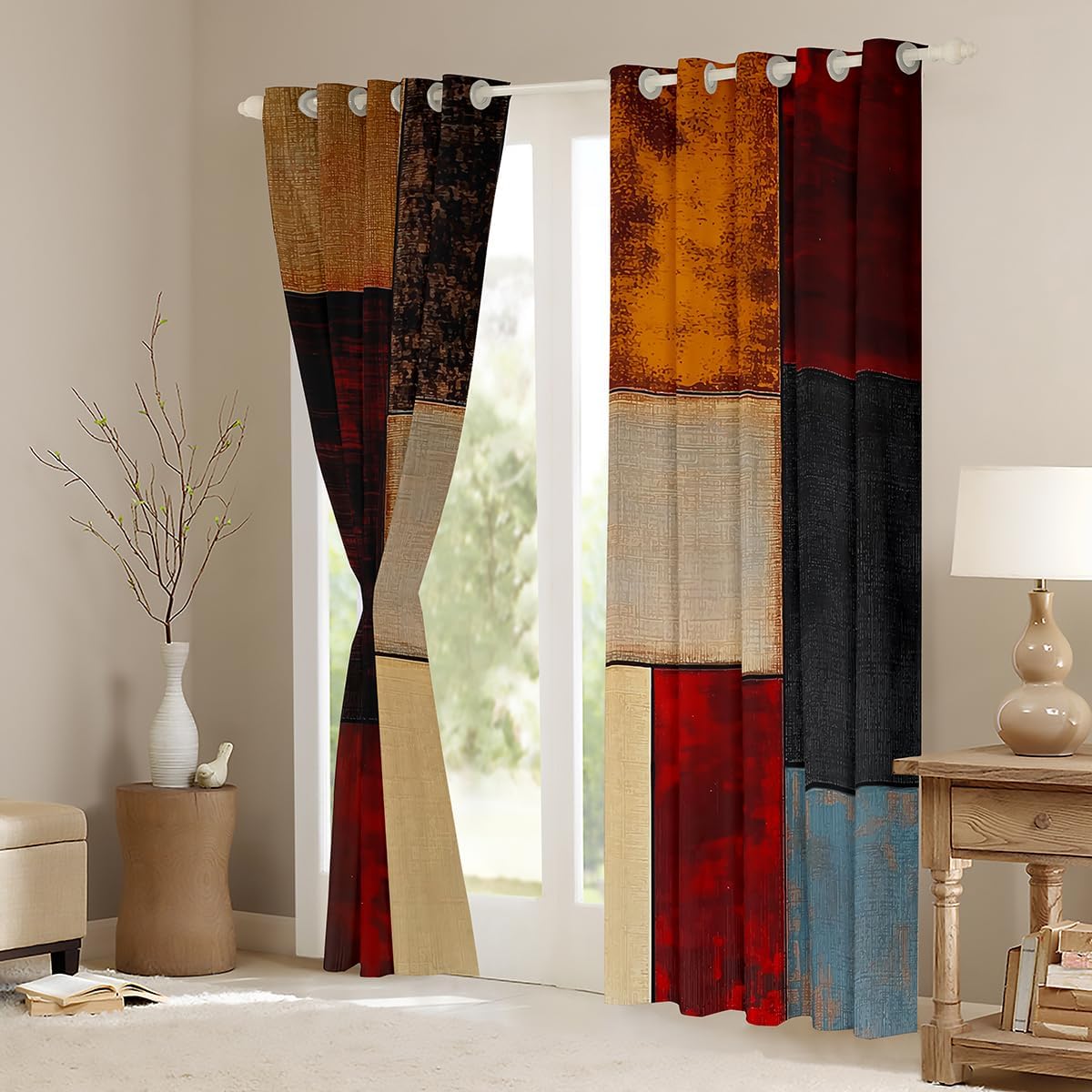 Feelyou Modern Geometric Darkening Drapes Red Brown Black Geometric Plaid Curtains Bedroom Living Room Abstract Blackout Curtain Boys Room Decor Modern Luxury Window Treatments, 2 Panels 52 x 84 Inch