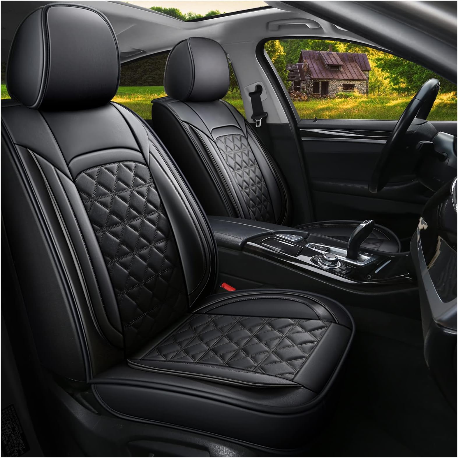 Luxury Seat Cover Car Front Seats, Car Seat Covers Front Seats Leather Universal Black Protective Cover Car Seat Front Car Seat Protector Black (Set of 2)