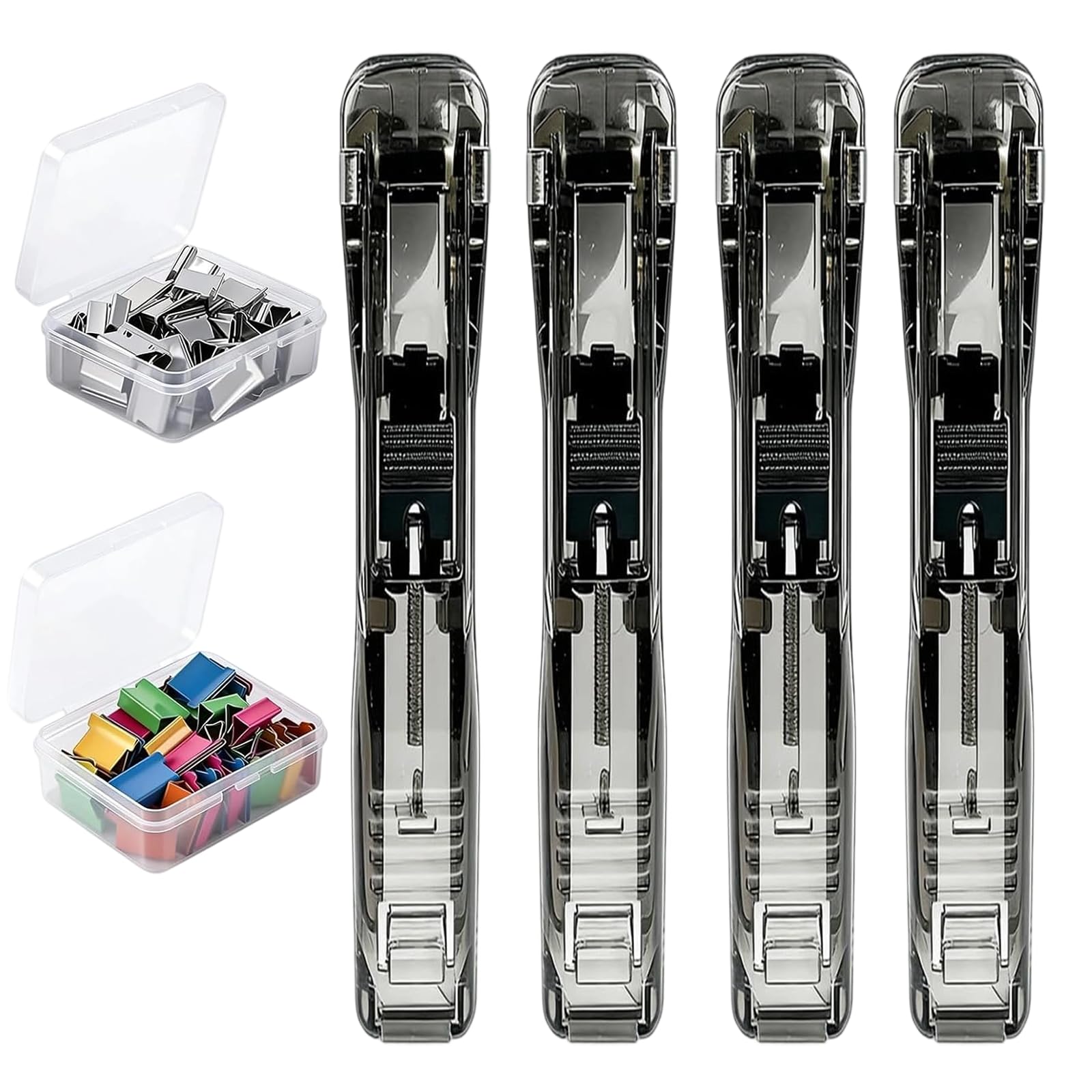 Portable Binder Clip Stapler - Includes 100 Reusable Clips, Handheld Paper Binder Clip Dispenser for Desk Document, Metal Office Supplies in Clear Box for Home Organization School (4PCS-Black)