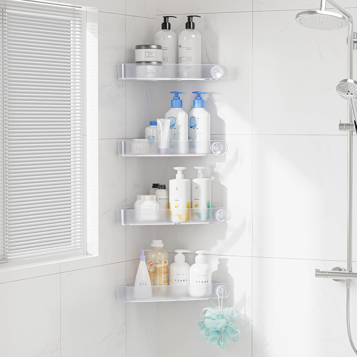 Sotfamily Shower Caddy Corner, 4 Pack Adhesive Corner Shower Shelves for Bathroom Organizers and Storage, Rust Free Plastic Rack for Bathroom Accessories & Decor, Crystal Crystal 4 Pack