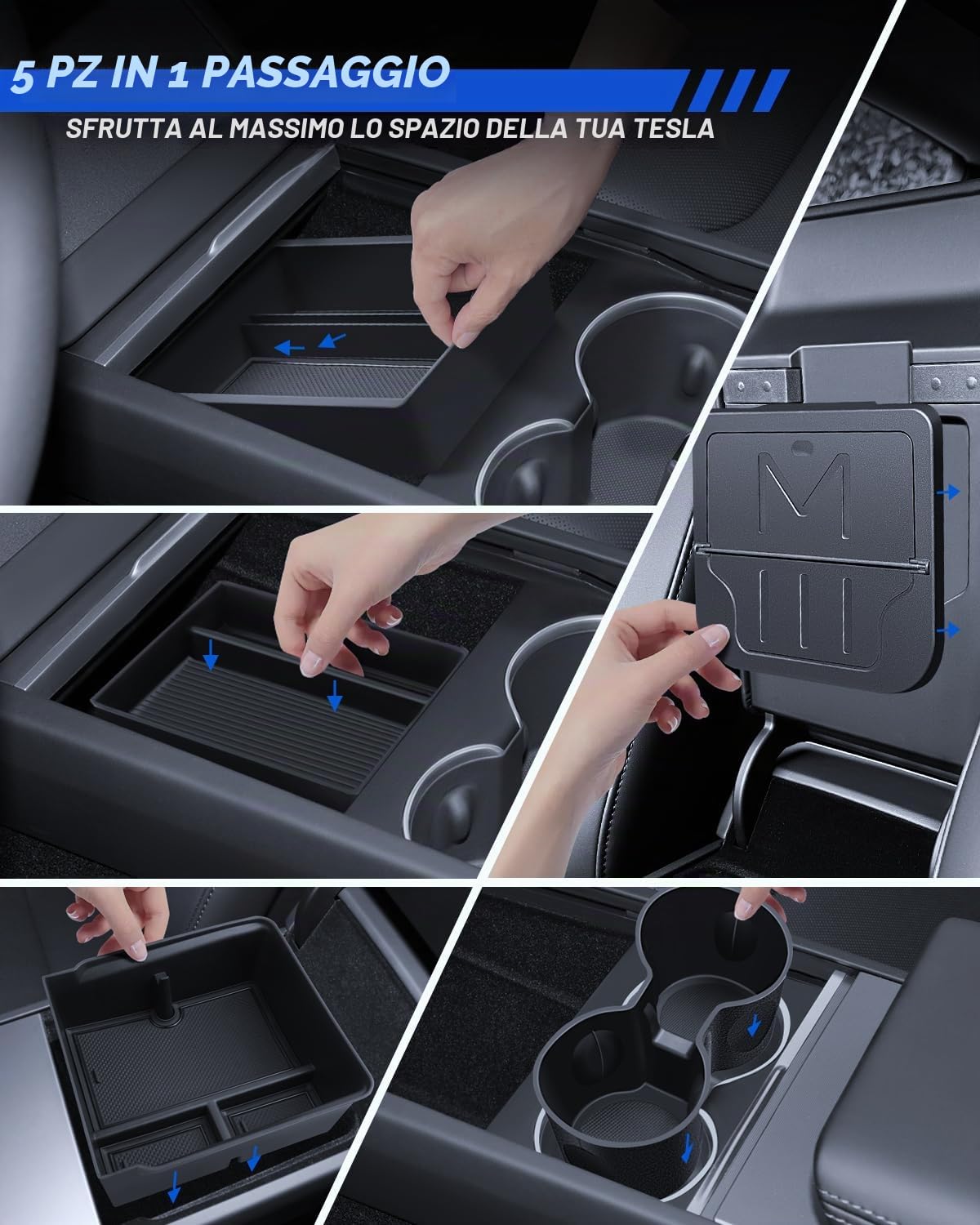 5 Pz Accessori per Tesla Model 3 2024-2026 Organizer della Console Centrale, Vassoio in Silicone, Scatola di Conservazione per Bracciolo, Scatola Nascosta e Portabicchieri