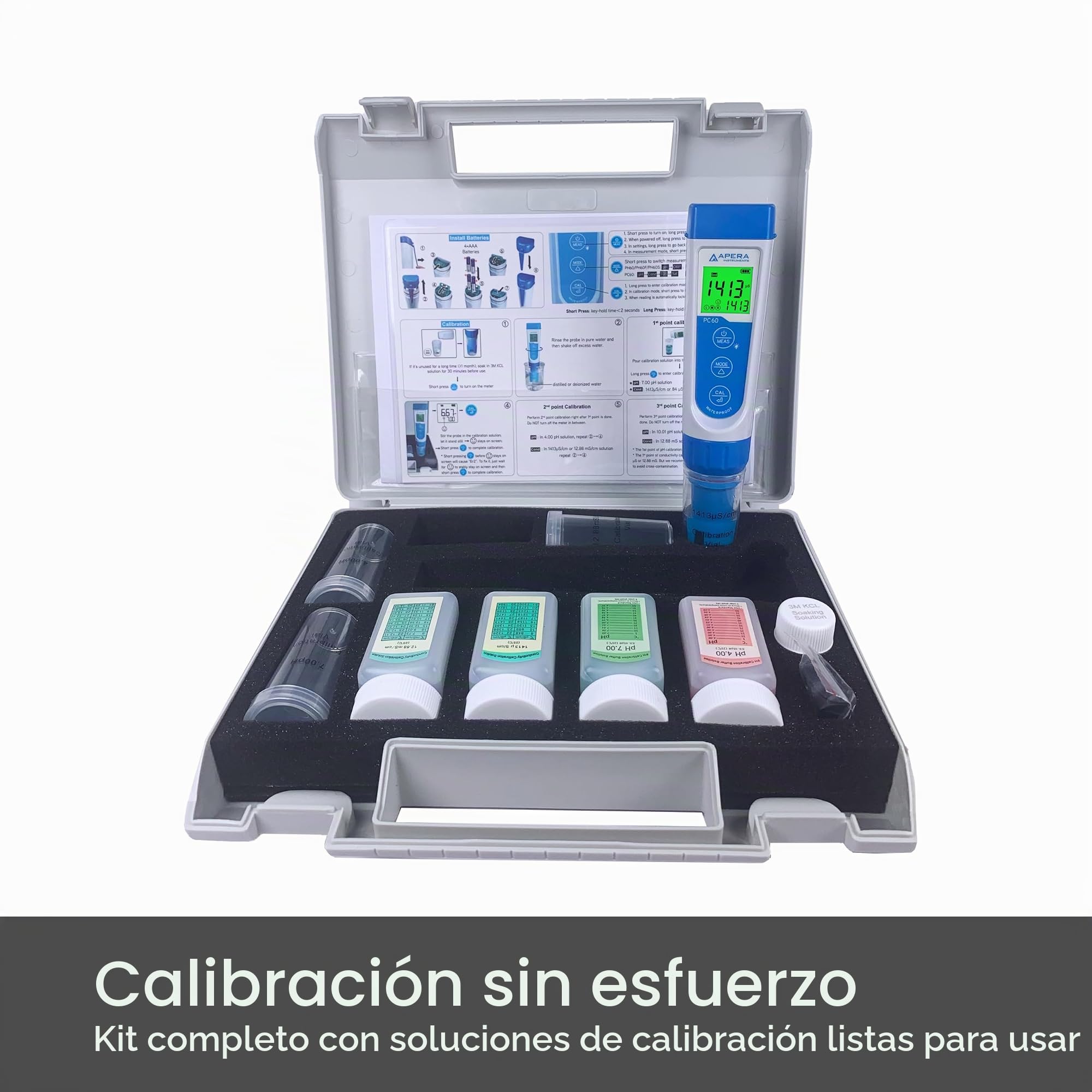Apera Instruments PC60 Premium multiparámetro 5 en 1 (valor de pH, conductividad/CE, TDS, salinidad, temperatura, precisión de pH 0,01/1%, electrodo reemplazable, resistente al agua)