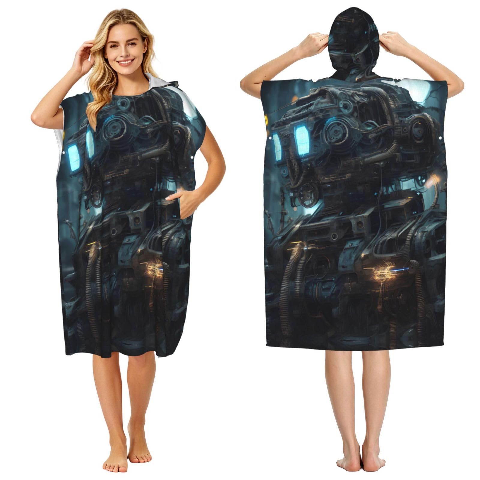 Zaixiansj 110cm Future Robot Print Adult Changing Robe Hooded Towel Poncho Surf Swim Beach Cover Up with Pockets