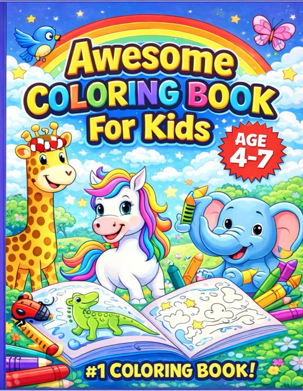 Awesome Coloring Book for Kids Ages 4–7: Fun coloring pages with cute animals and cheerful scenes