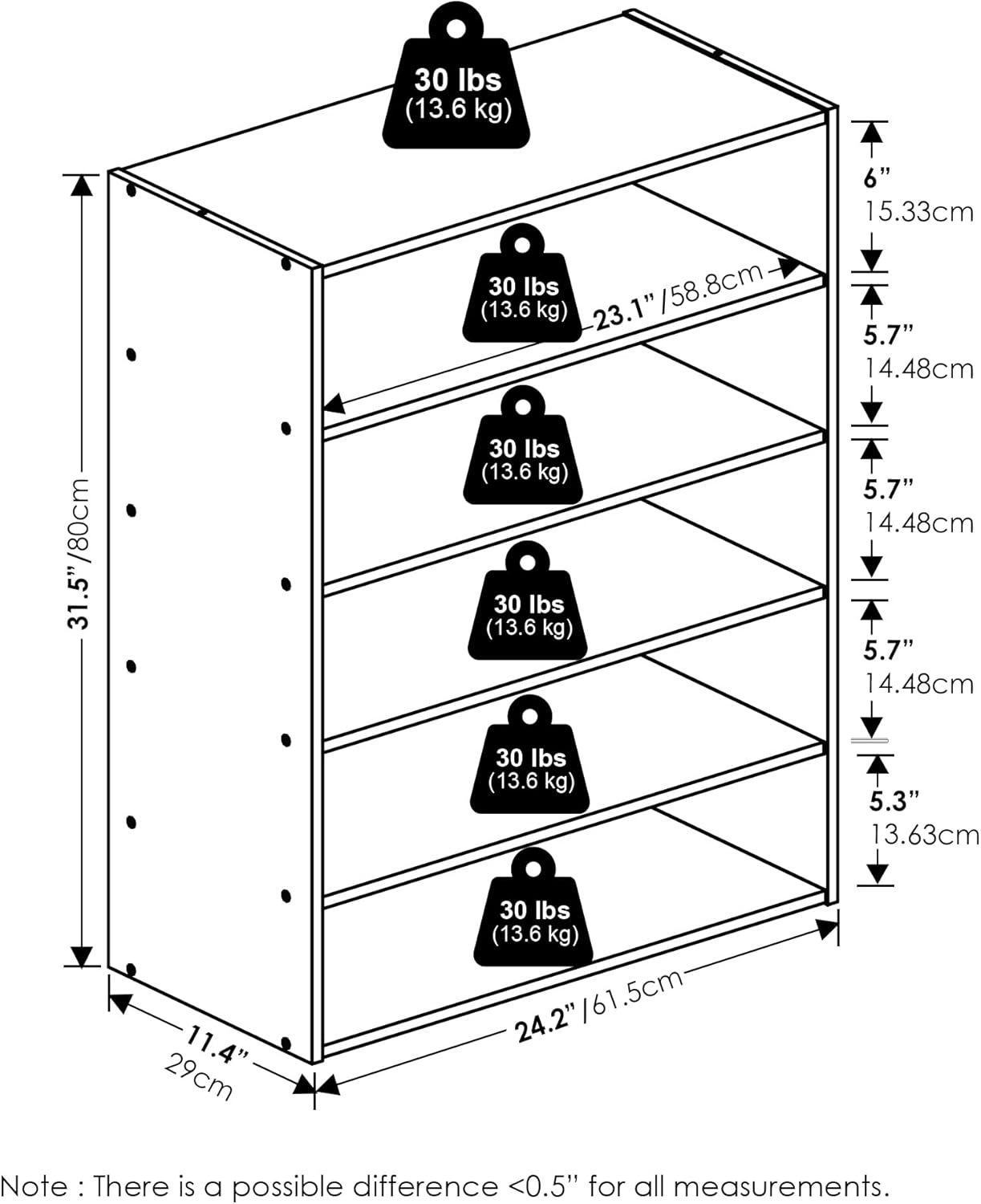 Furinno FANO Shoe Rack, 5-Tier Shoe Organizer, Stackable Shoe Storage, 11.4 x 24.2 x 31.5, for Closet Entryway, Office, Garage, White
