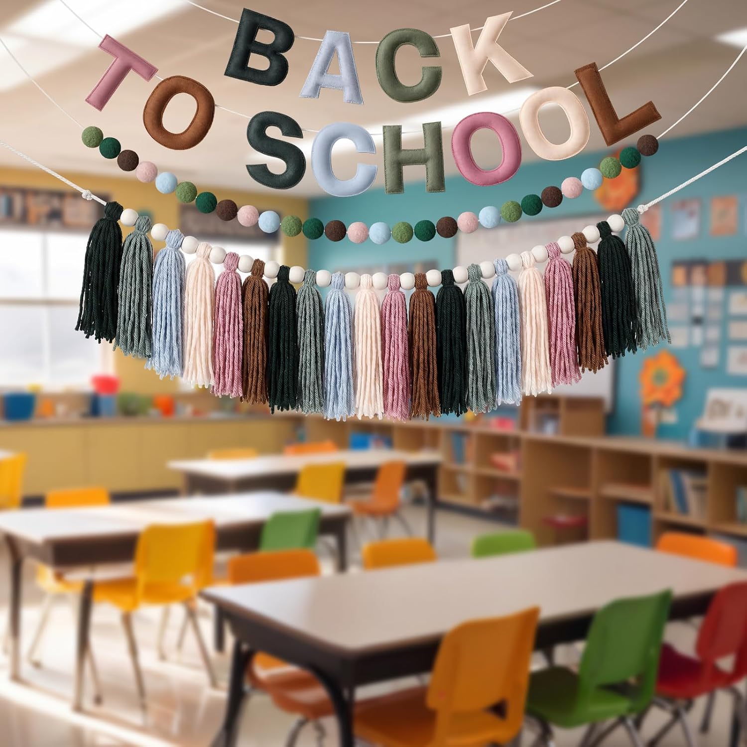 HunnmingRe 3 Pcs Rainbow Pom Pom Garland Back to School Decor, Felt Yarn Hanging Set with Tassel String, Felt Pom-pom String and Back to School Banner for Classroom Party Decoration(Rainbow)