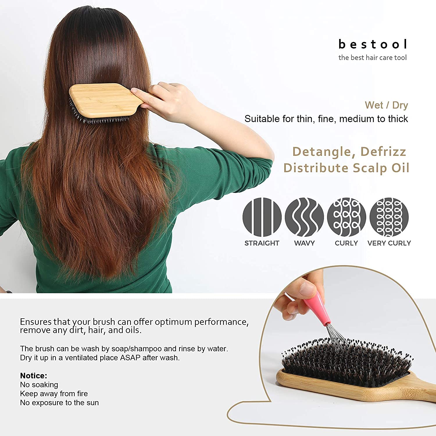 BESTOOL Spazzola per capelli in setole di cinghiale Spazzola per capelli in legno naturale Massaggio in legno anti statico Spazzola per pagaia grande per donna uomo e bambino (Quadrato)