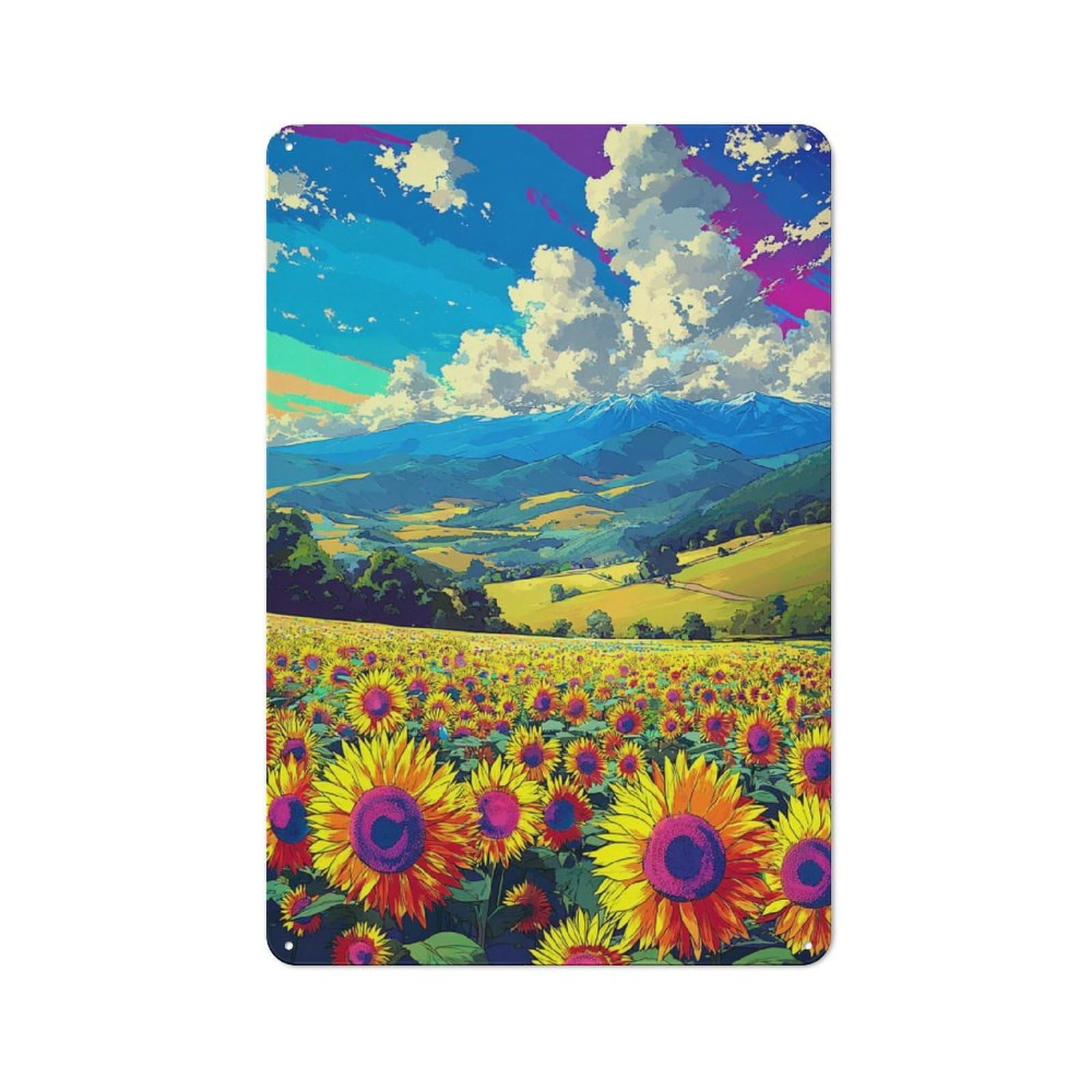 Junmoney Sunflower Fields And Mountain Views Farmhouse Metal Sign With Design 30X20cm, Rustic Rustic Kitchen Decor For Dining Room, Cafe, Entryway Or Family Room