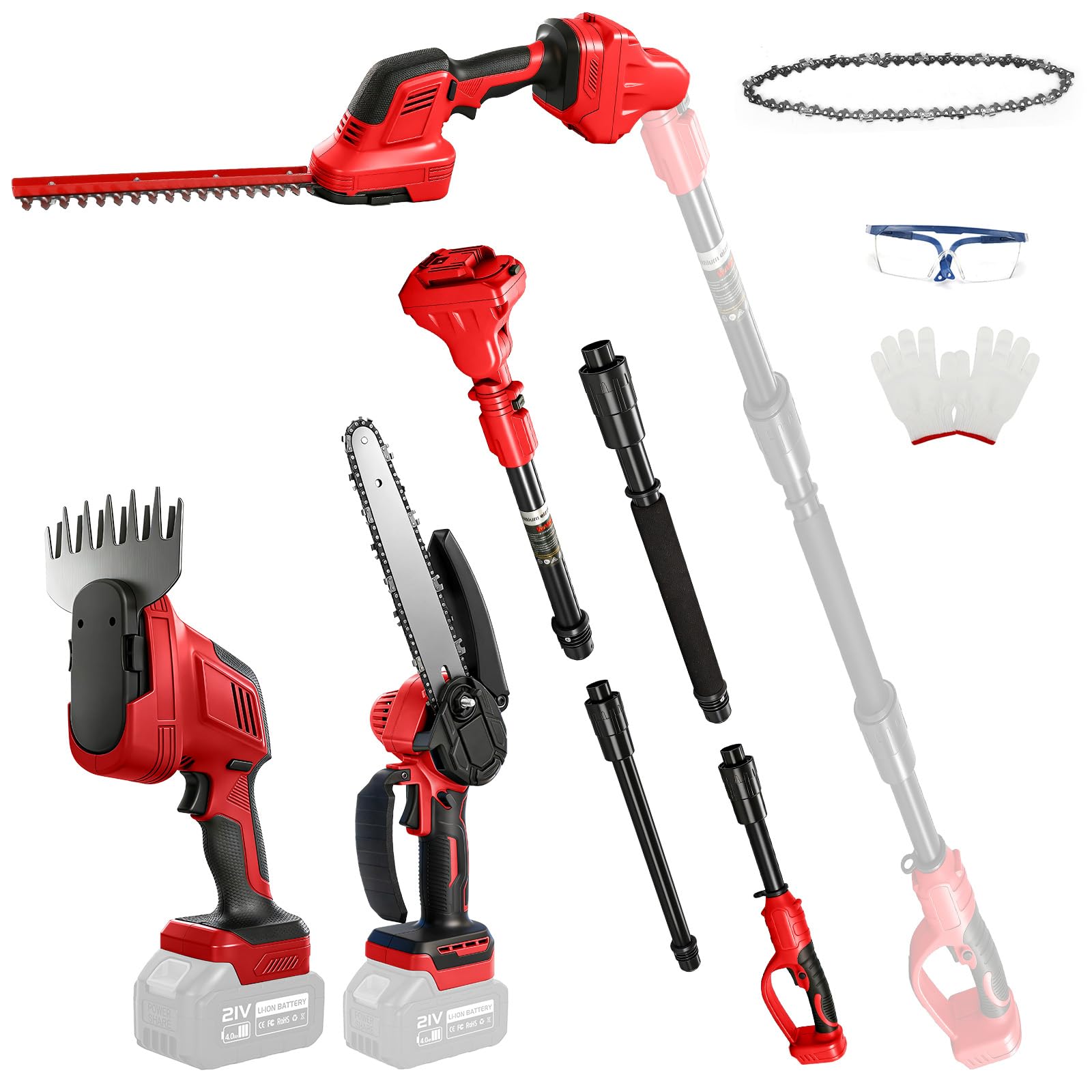 6 en 1 Minisierra de Cadena 8" y Cortasetos para Milwaukee 18V(sin batería | Roadtime Podadora telescópica mini motosierra de podar, cortador de setos, adecuado para jardín, árboles y arbustos