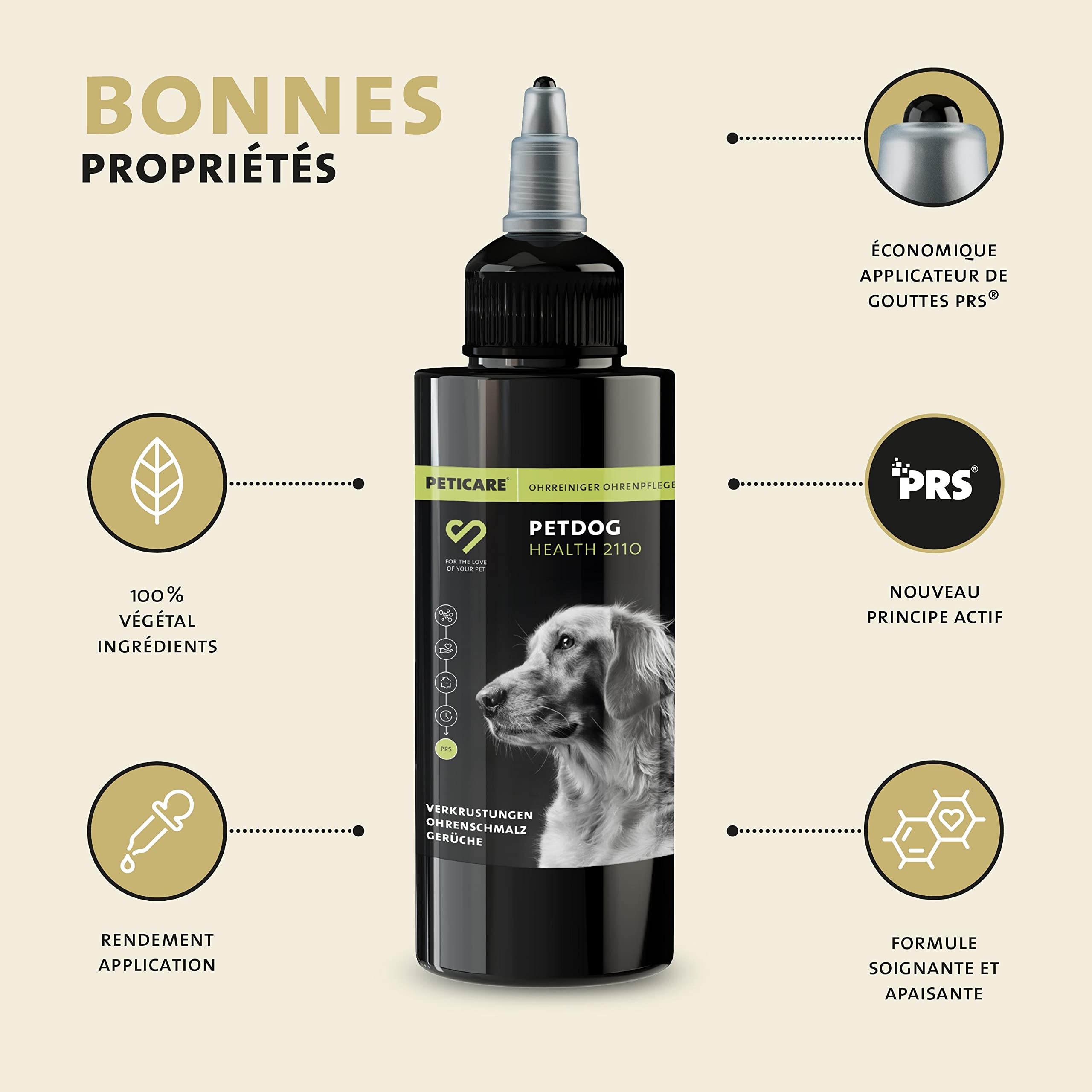 Peticare Bio Nettoyant Oreilles de Chiens & Chats - Nettoyage avec des Gouttes Auriculaires, Éliminé Odeurs, Détache Incrustations, Produit de Soins - petAnimal Health 2110