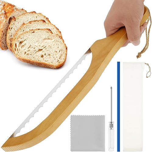 GLMFAN Cuchillo de lazo de pan, rebanador de pan para pan casero, cortador de masa madre dentada de 15.7 pulgadas para bagels y baguettes, cuchillo