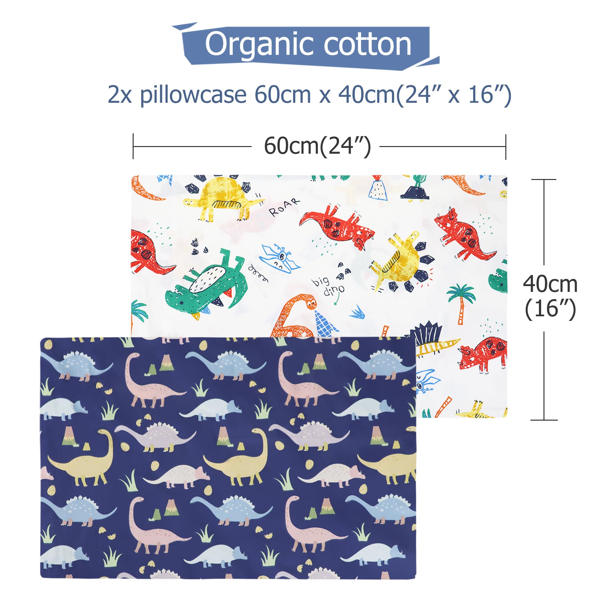 Juego de 2 fundas de almohada para niños, 100 % algodón, 40 x 60 cm, funda de almohada suave y transpirable, para niños y niñas, funda de almohada de bebé con sobre