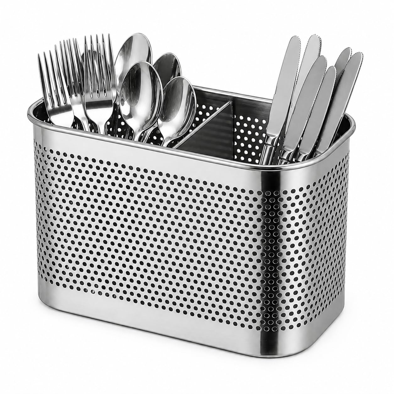 Premium Stainless Steel Cutlery Holder for Home | Utensil Organizer with Hook | Rustproof Spoon Fork Knife Storage Basket | Drainage Cutlery Drying Caddy | Space Saving Kitchen Organizer-image-4