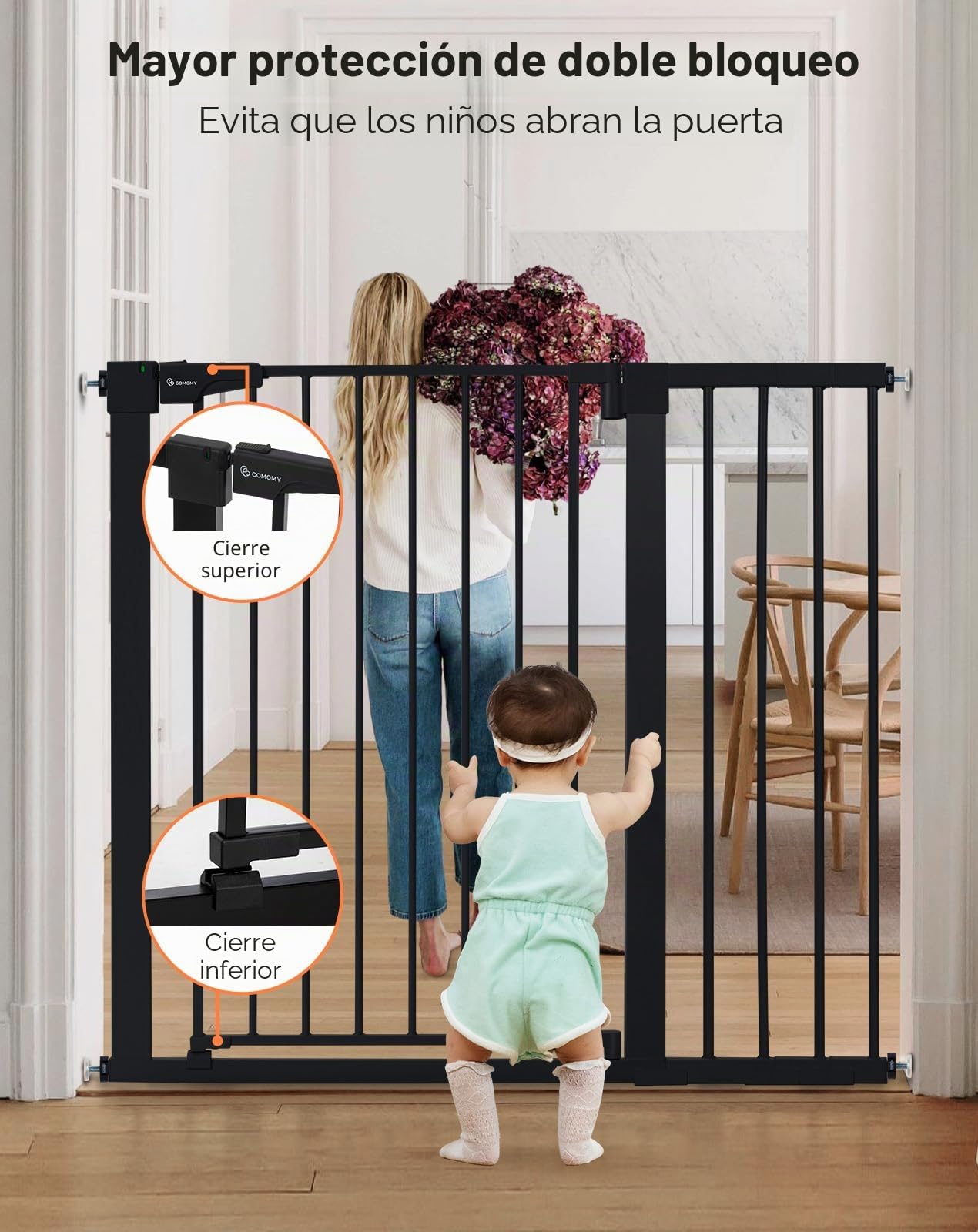 COMOMY Puerta de Perros 91,5cm Extra Alto, 75-110cm Ancho Grande Puerta Seguridad Bebe de Cierre Automático, Duradera Barrera Seguridad Niños para Escalera, Montadas a Presión, Negro