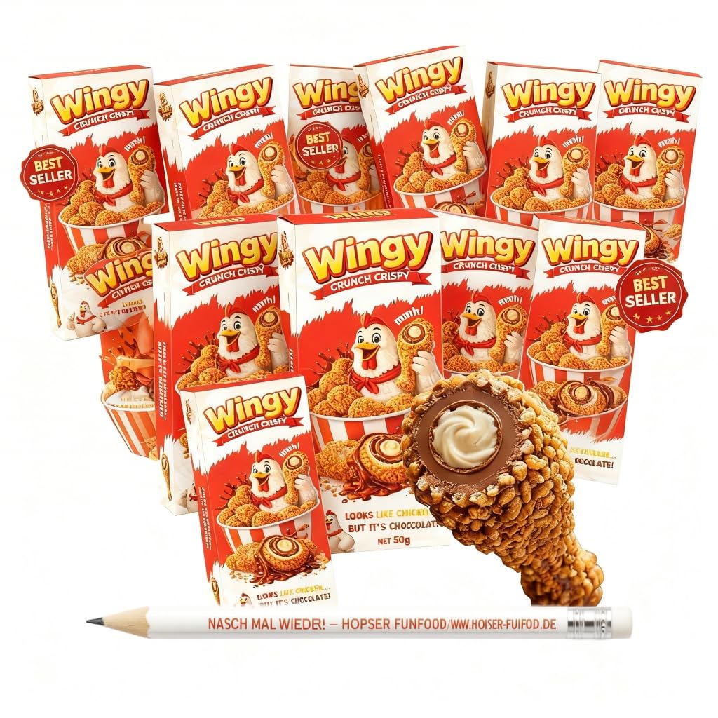 Wingy Bundle Crunch Crispy Schokolade 12er Pack (12 x 50g) – Knusprige Schokoladenpralinen im Chicken-Style – Looks like Chicken, but it’s Chocolate – Origineller Fun Snack + Hopser Funfood Bleistift