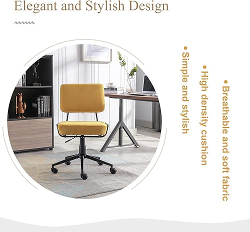 Miniatura 5 de HEAVYSEVEN Silla de oficina en casa, de sarga sin brazos, silla giratoria ajustable con ruedas para espacio pequeño, sala de estar, maquillaje,