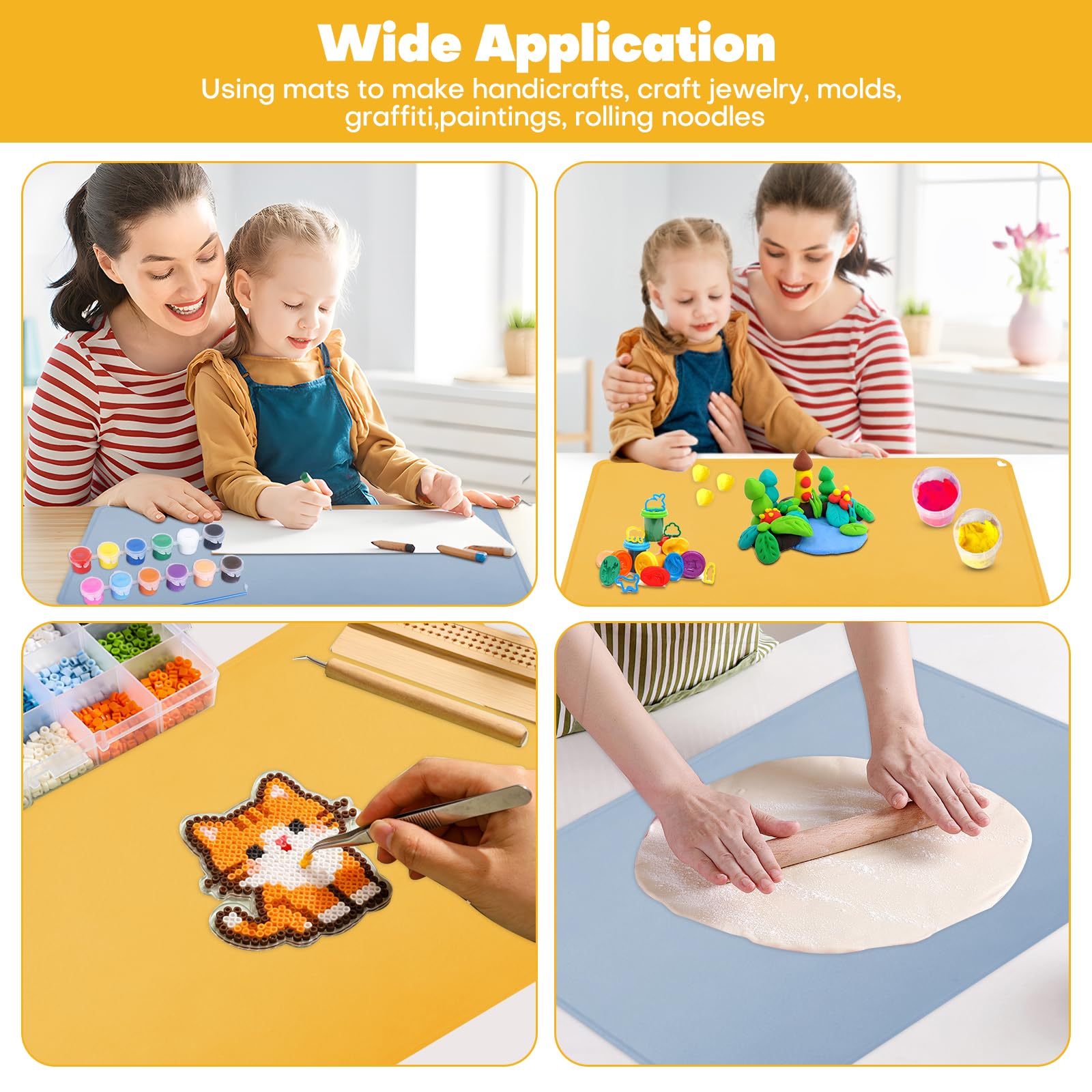 2 Stück Malunterlage für Kinder A2 (60x40cm) - Silikon Bastelunterlage mit Erhöhten Kanten, Antihaft & Waschbar - Unterlage für Malen, Harz, Epoxid und Sandkunst -Schreibtischschutz Set in Gelb+Blau
