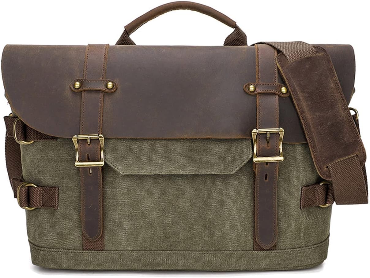 Briefcase for men Men's Messenger Bag Large Laptop Bag Waxed Canvas Briefcase Men's Shoulder Bags Laptop Work Document Bag for Work Travel Daily Use Multiple Pocket Green
