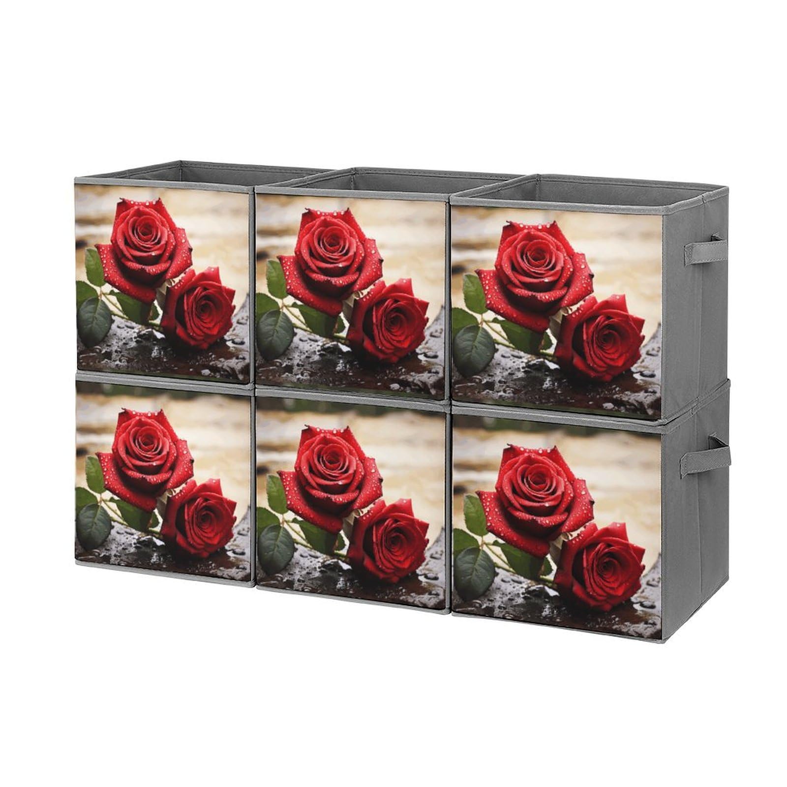 Boîtes de rangement empilables et pliables | Lot de 6 bacs à motif roses rouges pour placard