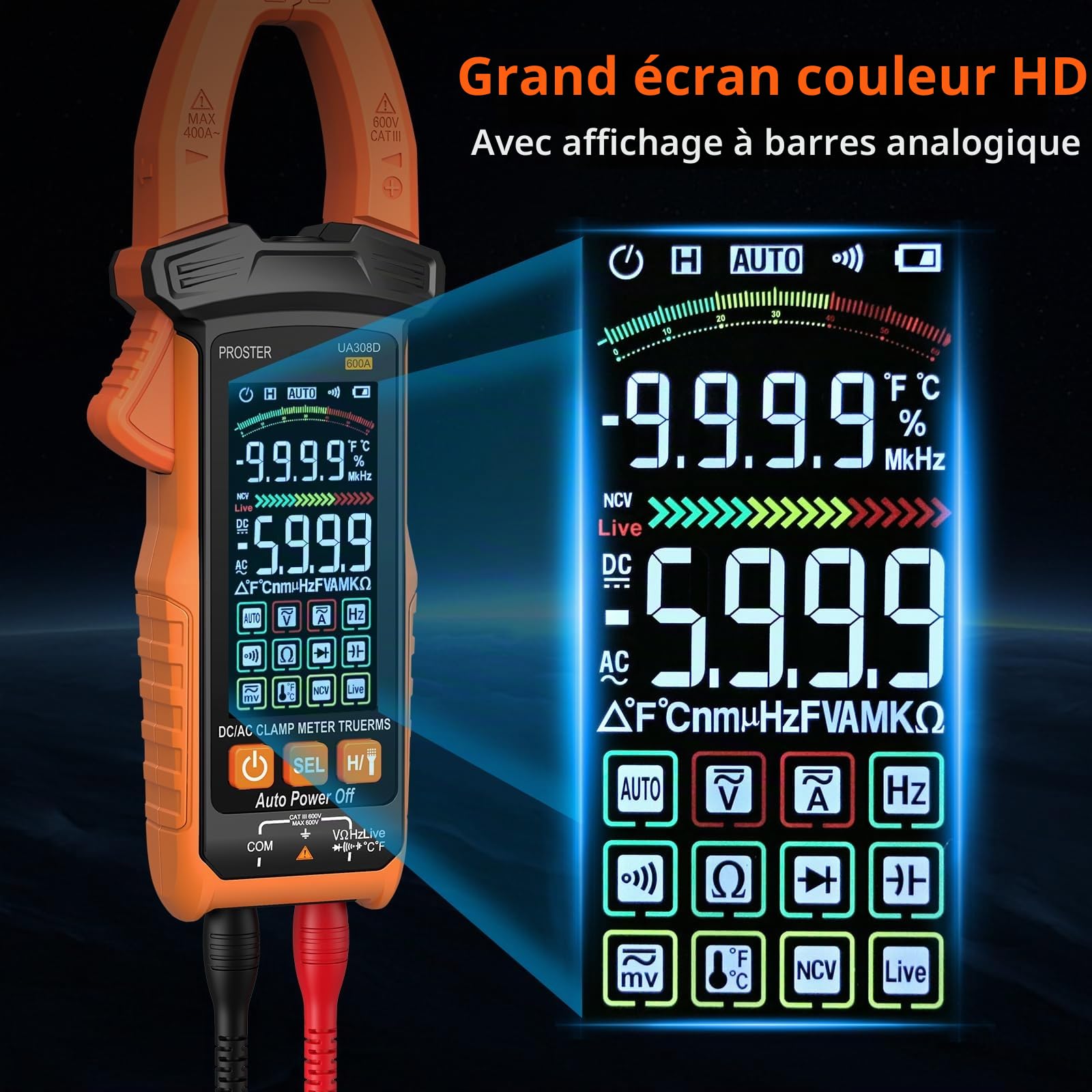 Proster 600A Pince Ampèremétrique NCV Numérique Intelligente, 6000count Multimetre Professionnel TRMS Écran Couleur Pince Multimètre Courant Tension AC/DC Continuité Résistance Fréquence Température | TRMS 6000 Comptes, Mesure de Courant Tension AC/DC Con