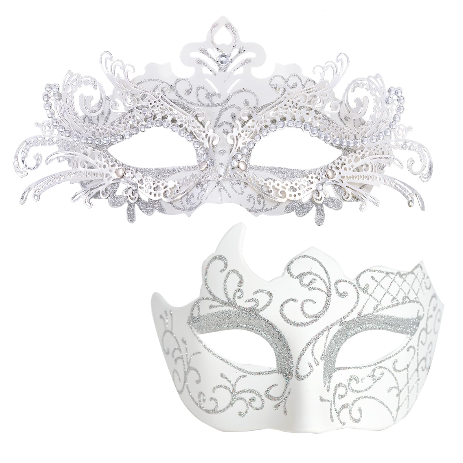 MYSEUNI Maschere in maschera per coppie, maschera veneziana in filigrana di metallo lucido con strass e maschera veneziana da uomo per martedì grasso