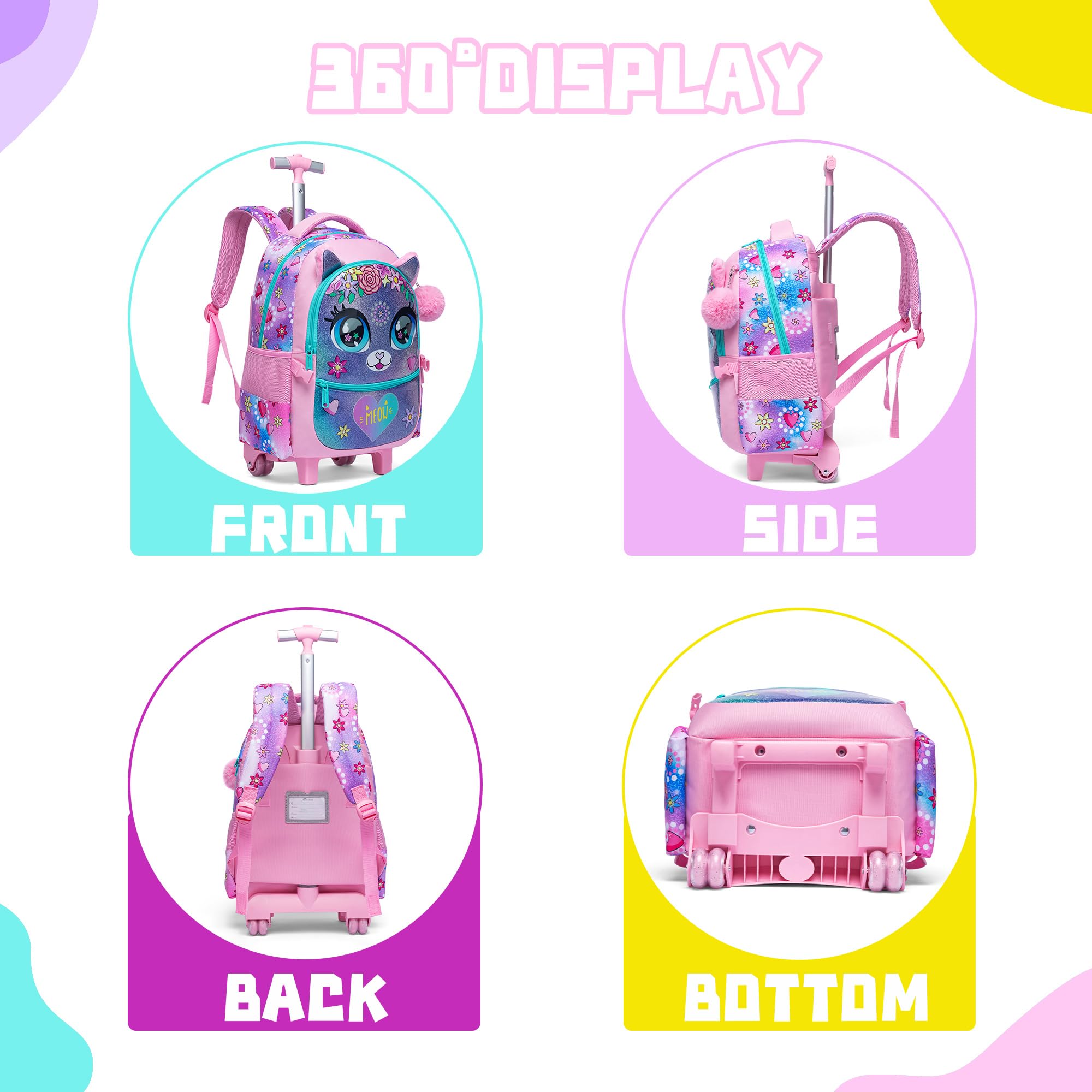 Meetbelify Rollrucksack für Mädchen Rucksäcke mit Rollen für Grundschüler
