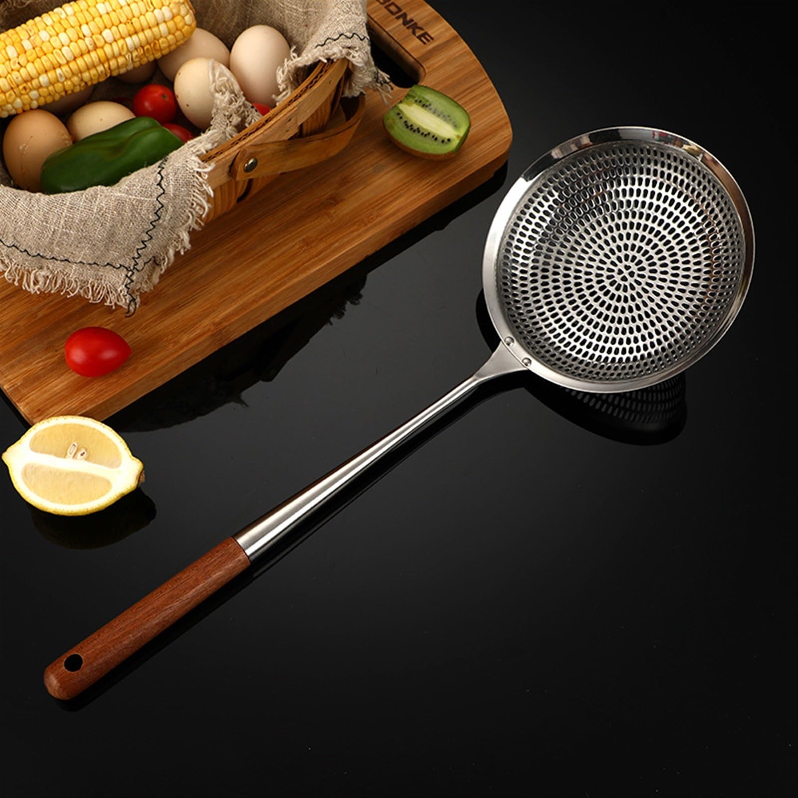 Colador Espumadera Cuchara Ranurada Inoxidable, Mango largo de madera Colador de pasta Escurridor de fideos Cucharas Espumador de cocina Colador de papas fritas Filtro de alimentos Nuevos utensilios d