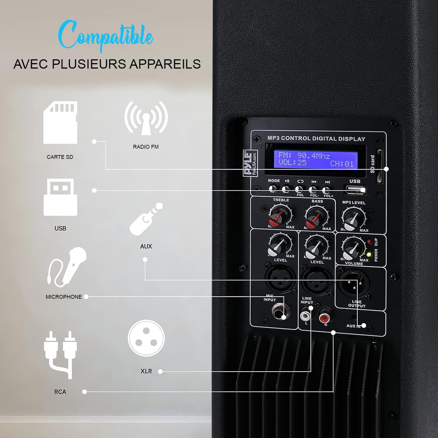 Pyle Système de Haut-Parleur Portable Bluetooth PA 3 Voies Actif & Passif pour l'extérieur Système PA Portable avec entrée Microphone, lumières de fête, trépied Radio FM, télécommande, Noir