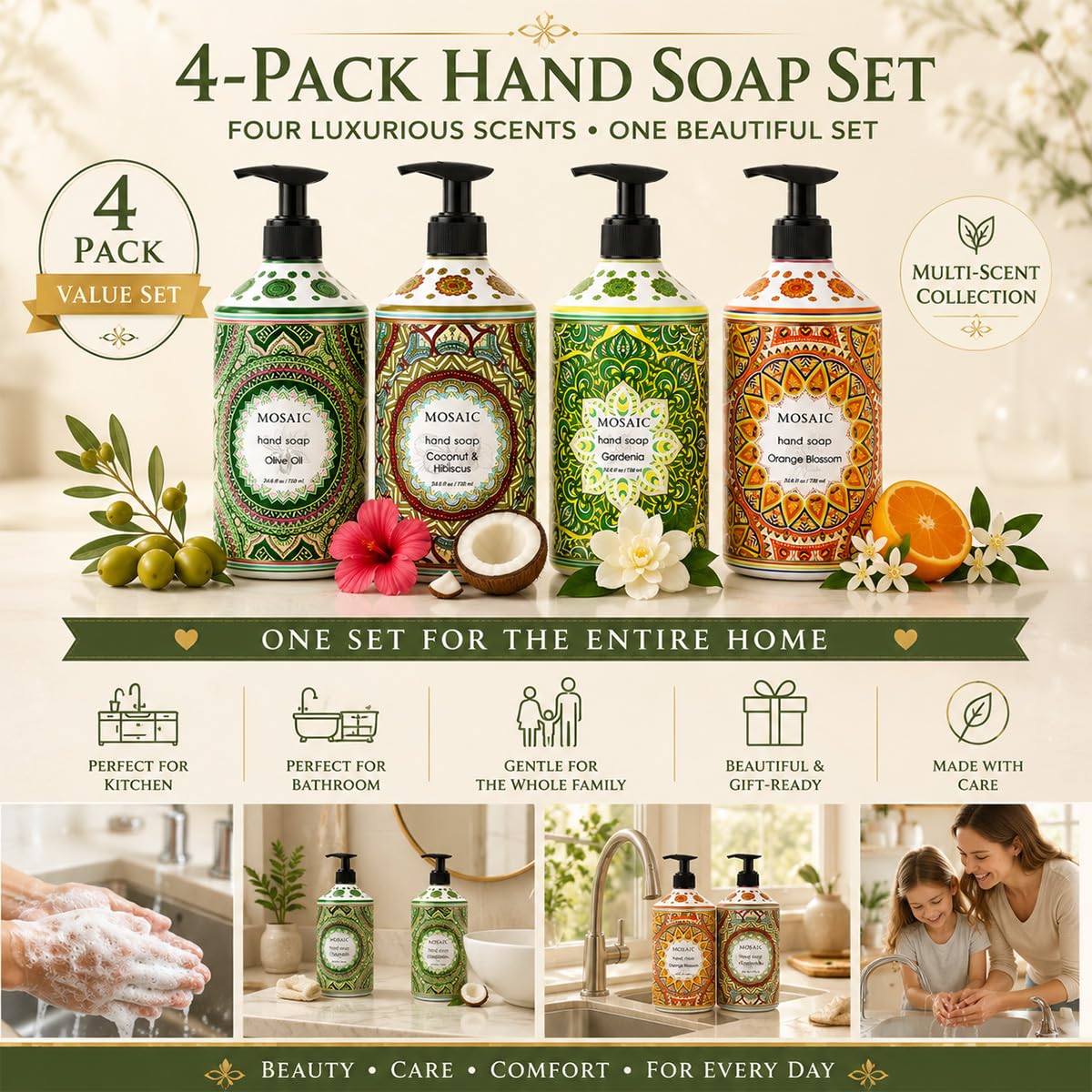 Mosaic - Juego de jabón líquido para manos y jabón de manos, ideal para baño y cocina, aceite de oliva + coco e hibisco + Gardenia + flor de naranja, 4 x 727 ml cada botella de jabón líquido