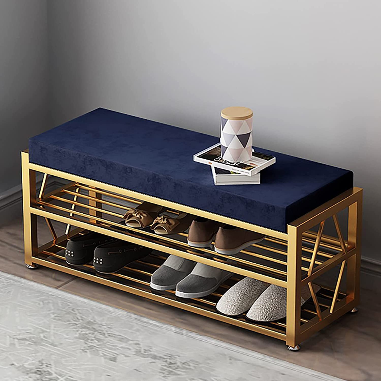 Banc d'entrée moderne bleu avec rangement à chaussures en métal