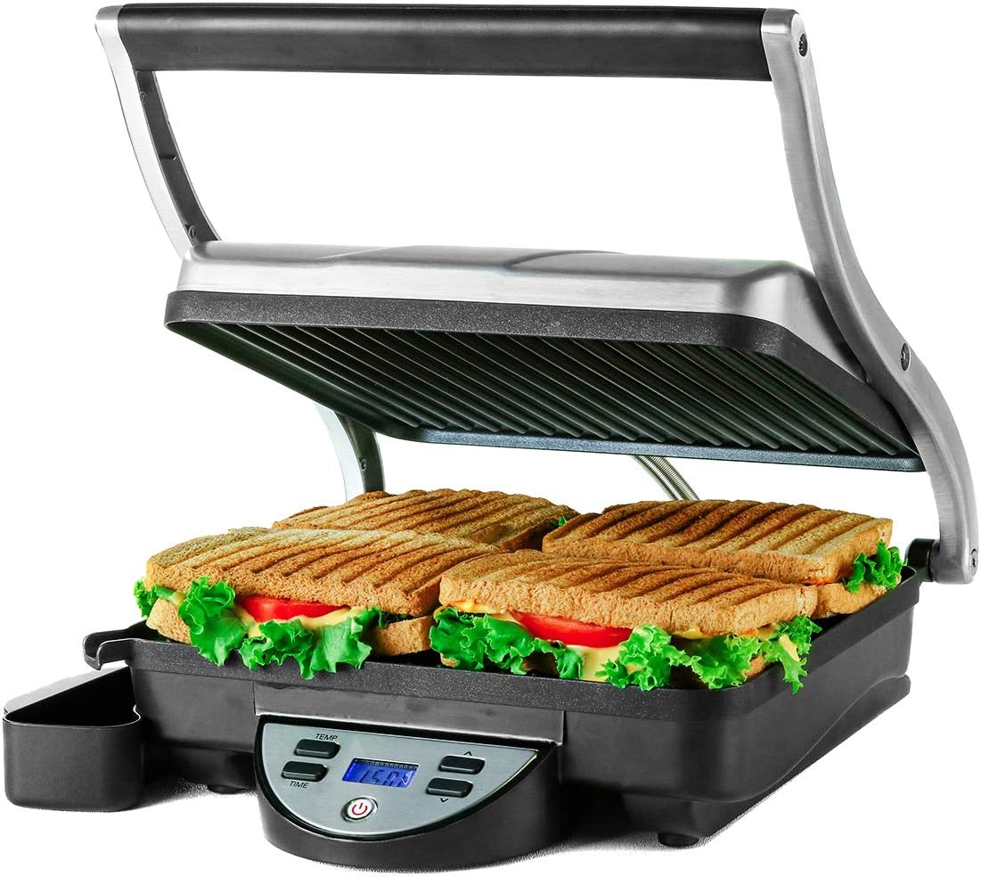 Ovente 4 Slice Electric Indoor Panini Press Grill with Non-Stick Double Flat Cast Iron Cooking Plates & Removable Drip Tray, Countertop Stainless Steel Sandwich Maker Bread Toaster, Silver GP1000BR