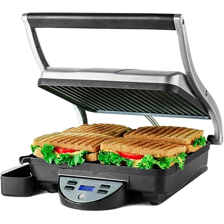 Ovente 4 Slice Electric Indoor Panini Press Grill with Non-Stick Double Flat Cast Iron Cooking Plates & Removable Drip Tray, Countertop Stainless Steel Sandwich Maker Bread Toaster, Silver GP1000BR