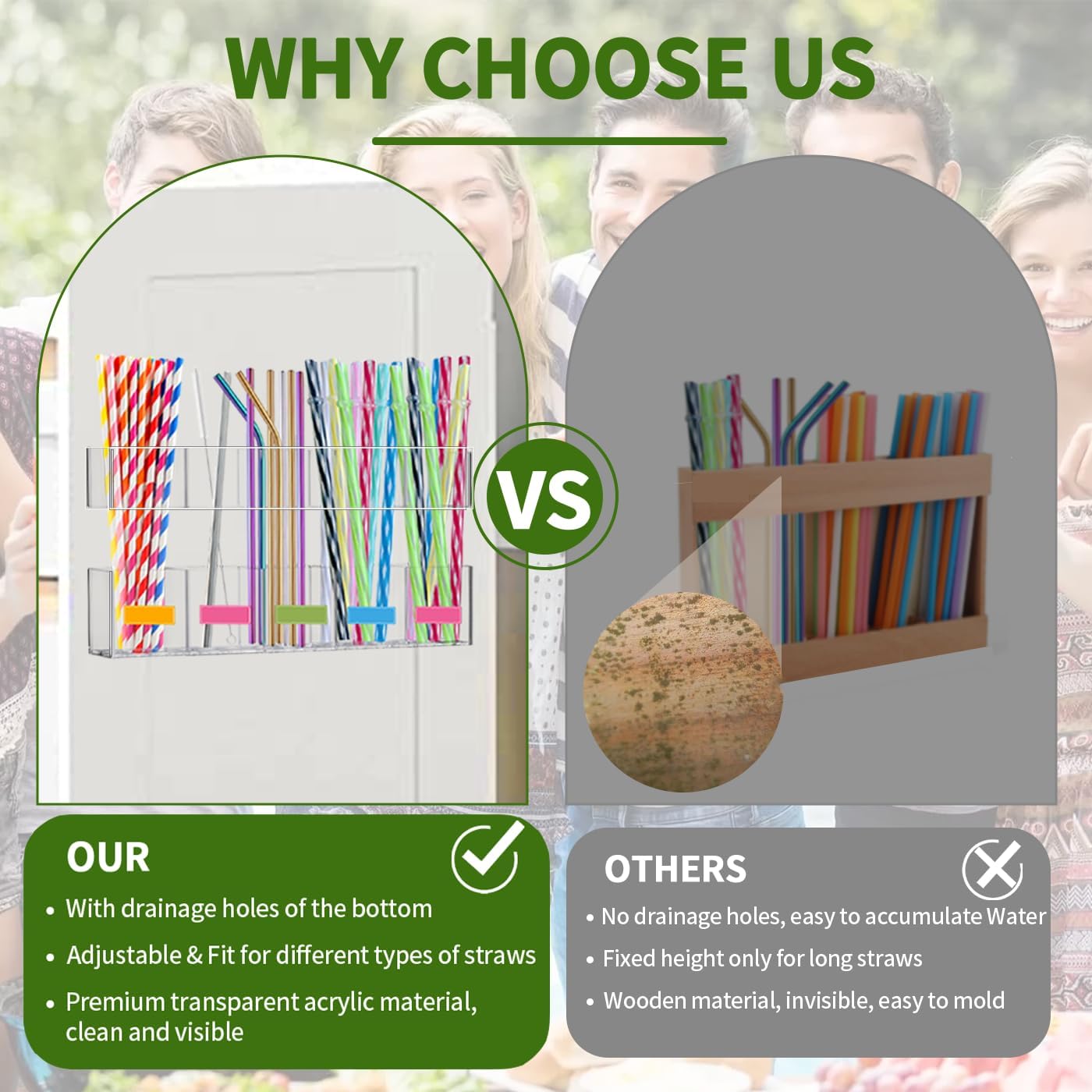 Straw Holder for Cabinet Door - 9.5'' Acrylic Straw Organizer with Adhesive Tape & Stickers, Transparent Straws Storage Container for Cabinet, Straws Dispenser for Counter Cupboard Home Kitchen Cafe image 3