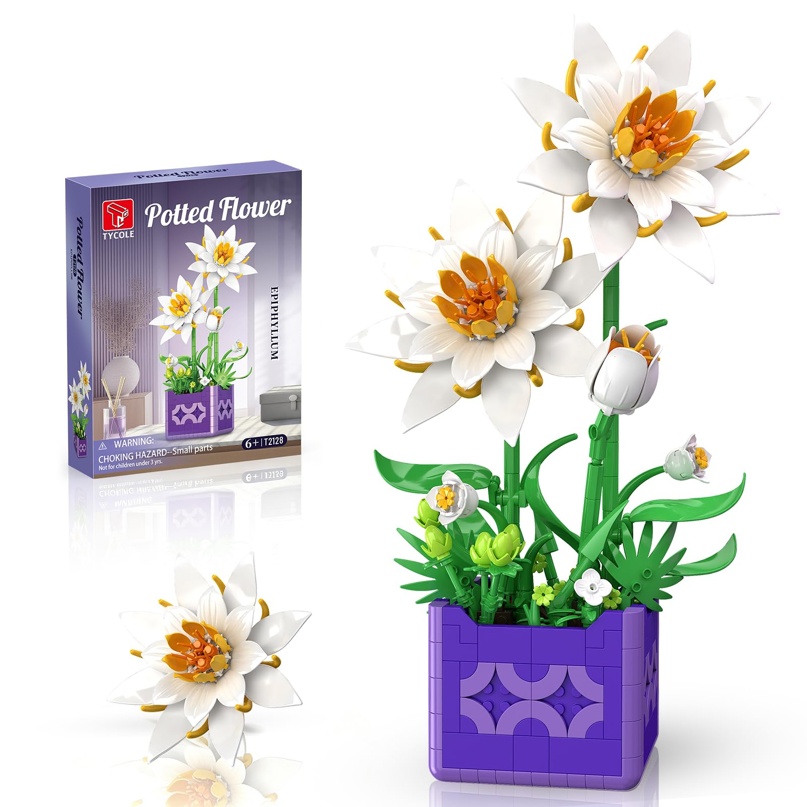 TYCOLE Botanical Epiphyllum Potted Toy, Building Block Set with White Flowers & Green Leaves, Artificial Plant DIY Home Office Decor, Birthday for Adults, Teens and Kids 6-12 (585Pcs)