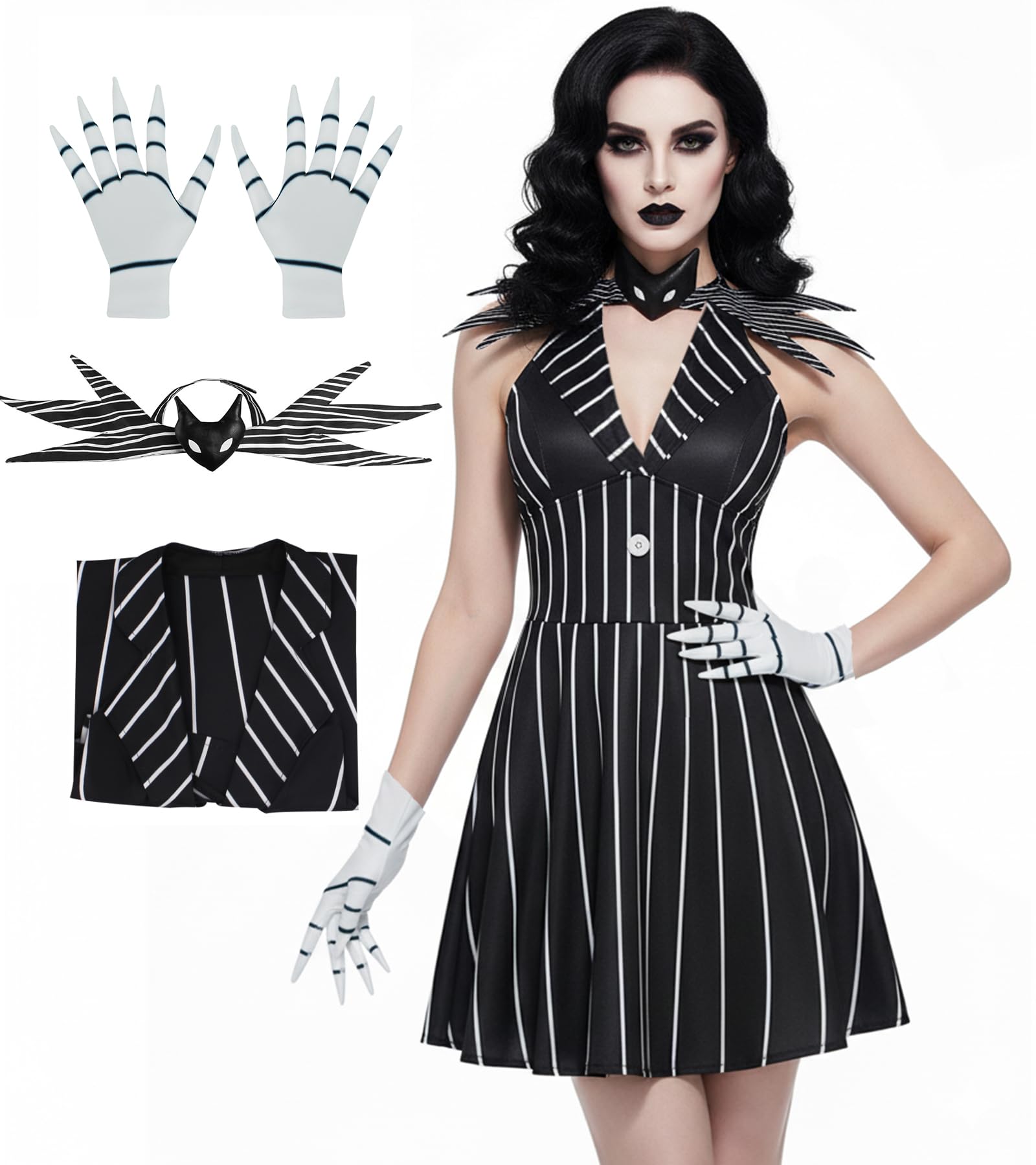 AYYOHON Jack Costume Christmas Nightmare Skeleton Halloween Costumes Women Sally Cosplay Gothic Dress With Neck Tie Gloves 3XL