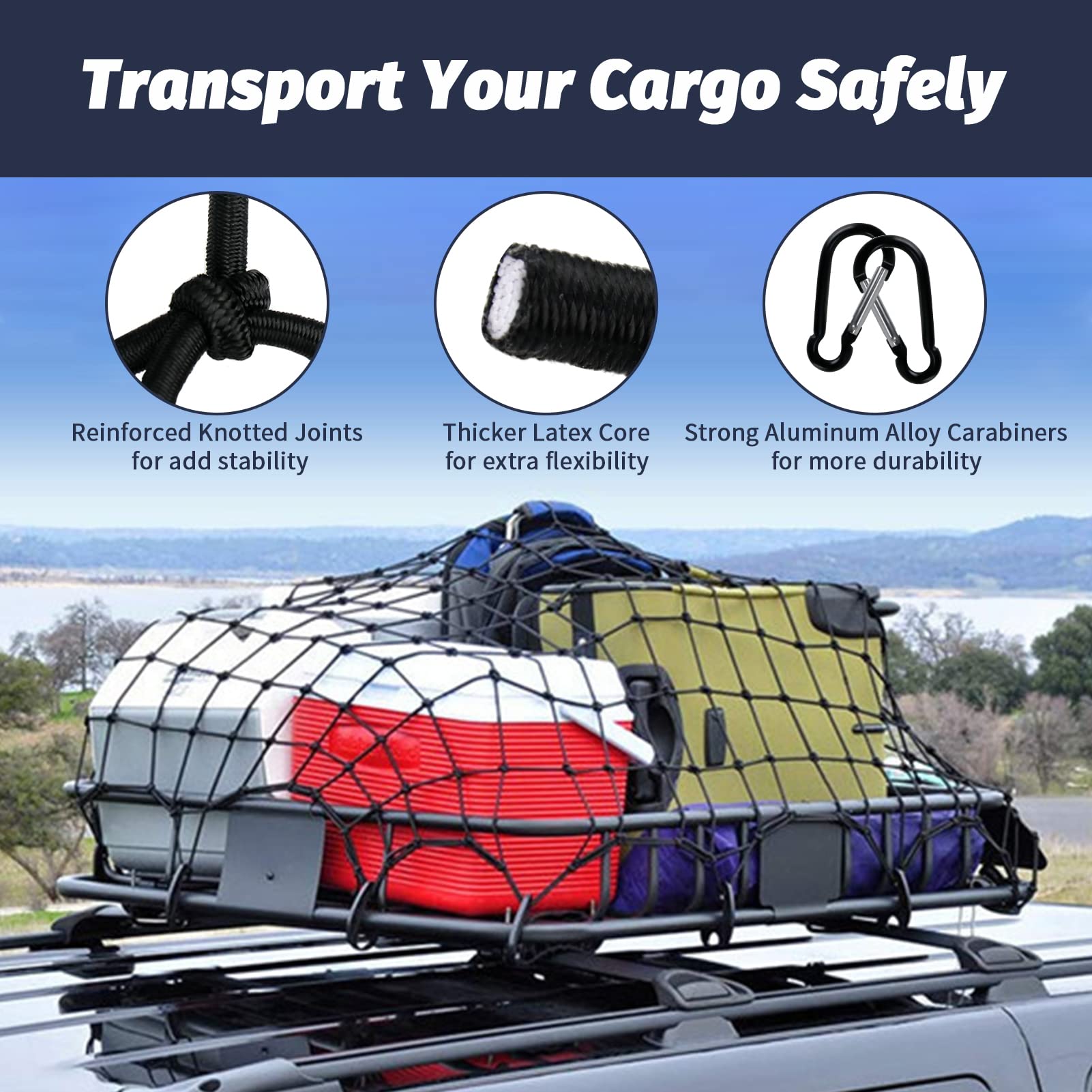 Red de carga para cama de camioneta de 3 x 4 pies que se estira hasta 6 x 8 pies, red de carga resistente de 12 mosquetones de clip sin enredos y 1 bolsa de almacenamiento pequeña de 4 x 4 pulgadas,