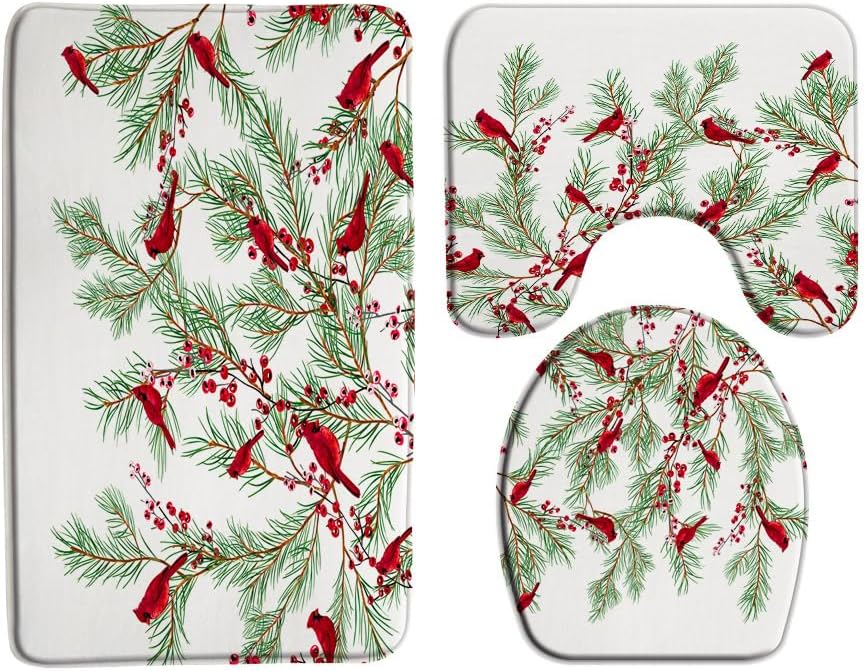 Christmas Red Bird 3 Piece Bath Mat Sets,Xmas Pine Tree Forest Winter Holiday Snow Branches Twigs Rustic Wild Festival Green 16"x24"Bath Rug,Toilet Seat Cover, U-Shaped Toilet