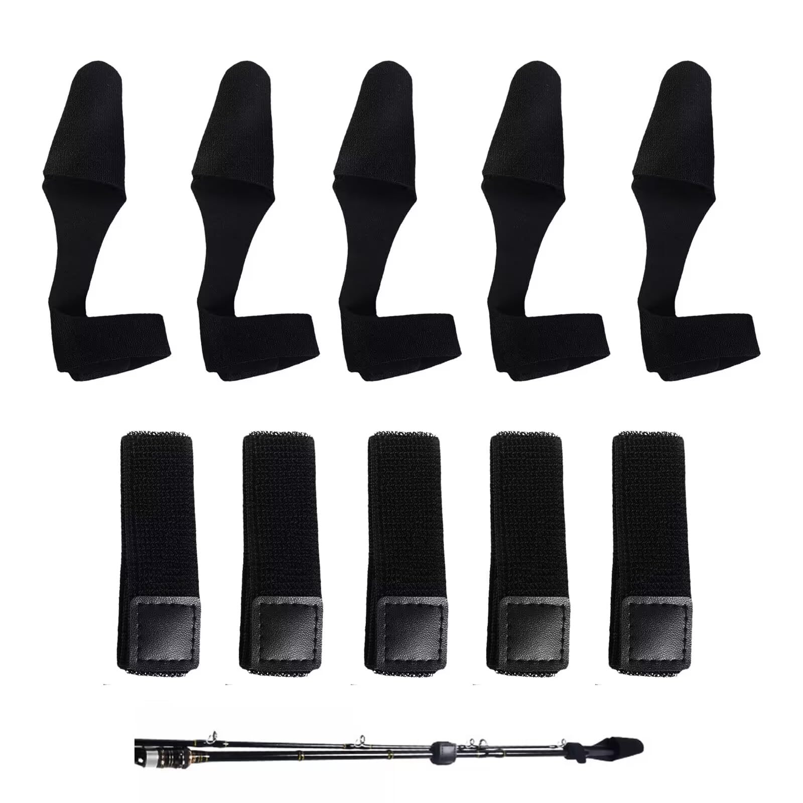 Juego de 10 bandas elásticas para cañas de pescar, soportes para cañas de pescar con velcro, accesorios de pesca para atar cañas de pescar y protección de fundición (negro)