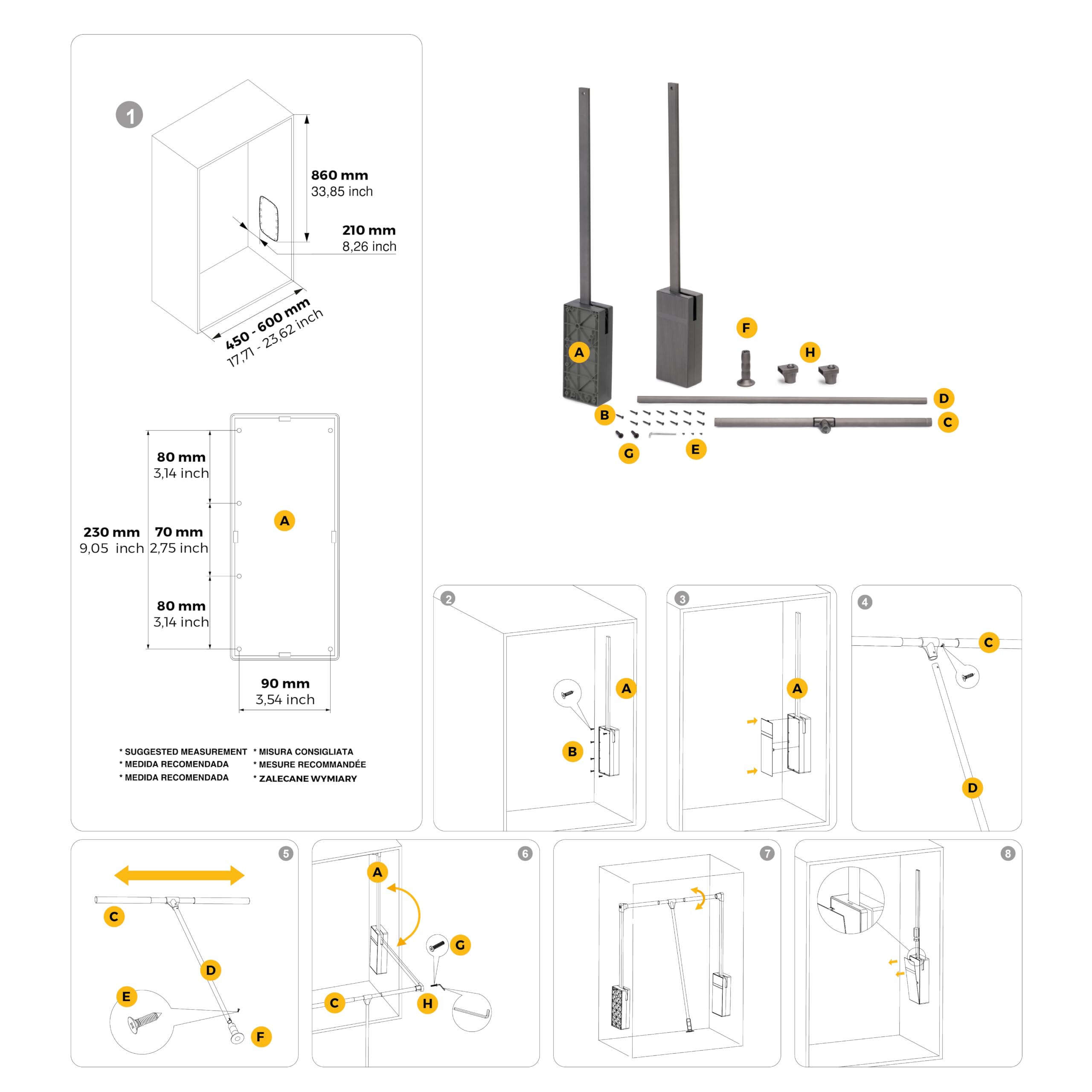 Emuca - Appendiabiti per armadio Sway, barra appendiabiti saliscendi larghezza regolabile 450-600mm, Acciaio, Alluminio e Tecnoplastica, Verniciato titanio