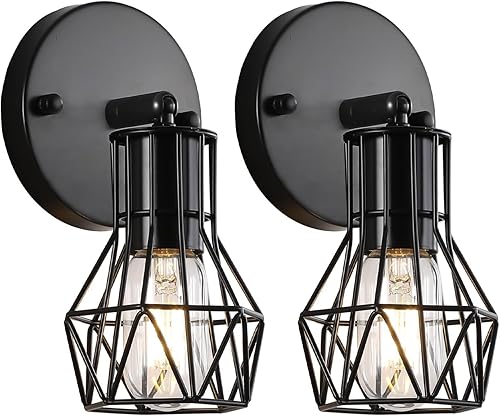 Miniatura 1 de Juego de dos apliques de pared industriales con cableado, pequeños apliques de iluminación de pared de jaula de alambre de granja, luces de pared