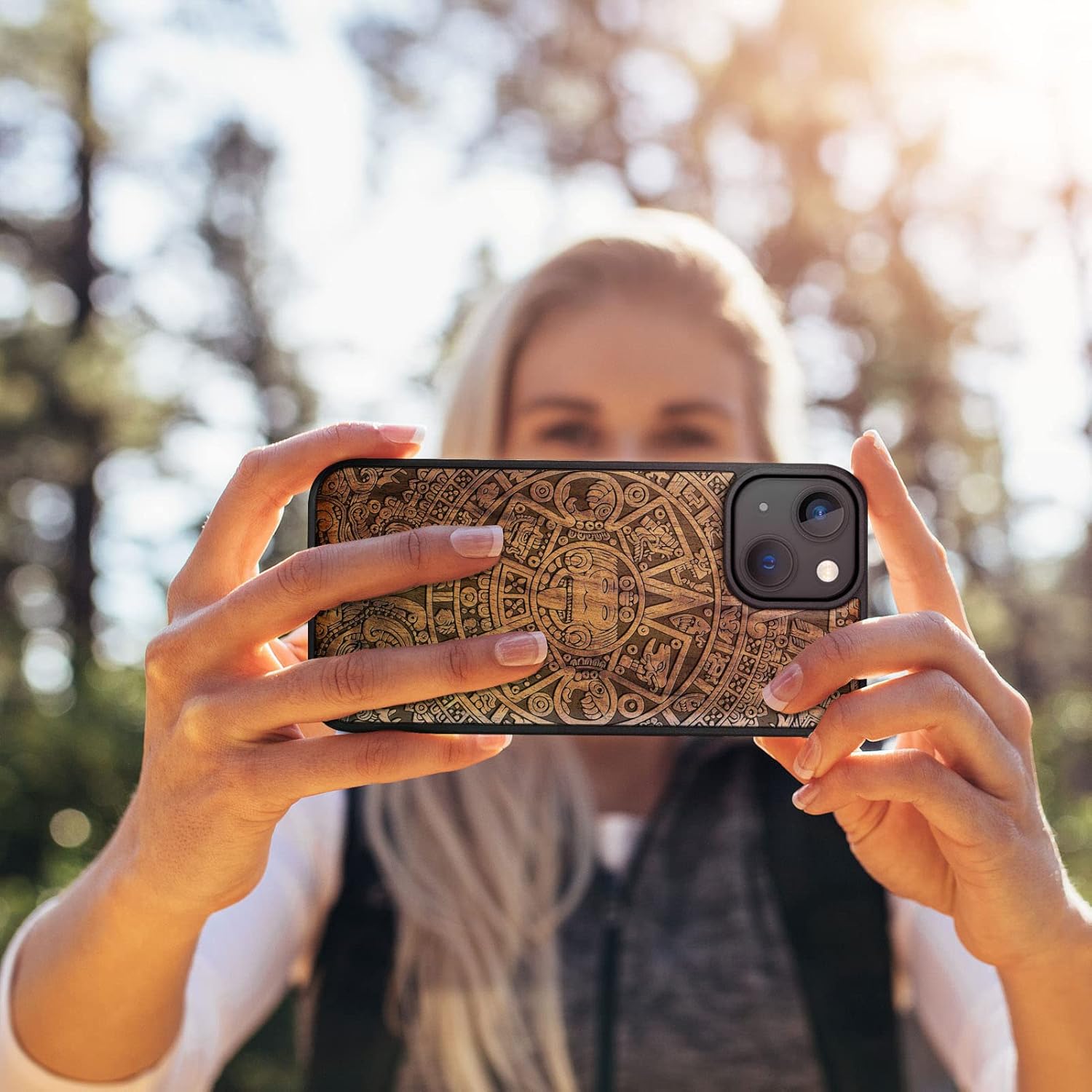 Carveit Magnetic Wood Case for iPhone 14 Case [Natural Wood & Black Soft TPU] Unique & Classy Wooden Shockproof Protective Cover Compatible with magsafe (Mayan Symbols Calendar -Walnut)