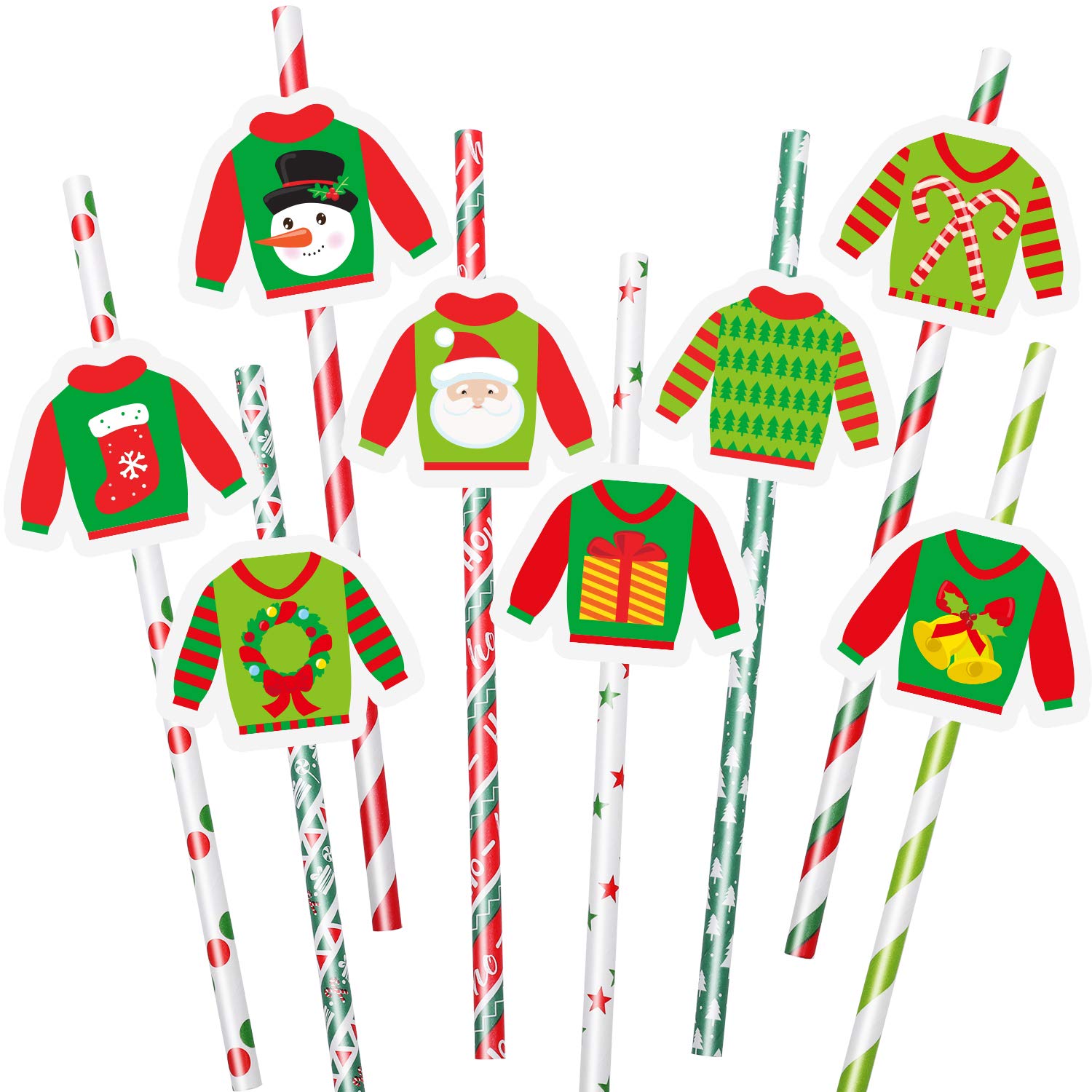 Aneco 48 Sets Christmas Ugly Sweater Paper Straws Decor Santa