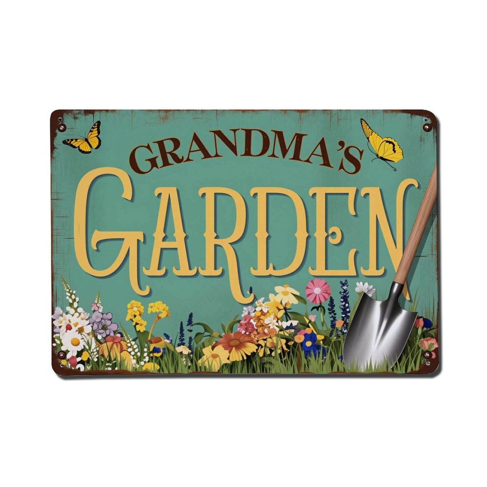 Enderetf Vintage Grandma's Garden Sign With Flowers And Shovel Tin Sign Metal Poster, Home Bar Garage Man Cave Cafe Indoor & Outdoor Wall Decoration 8X12inches