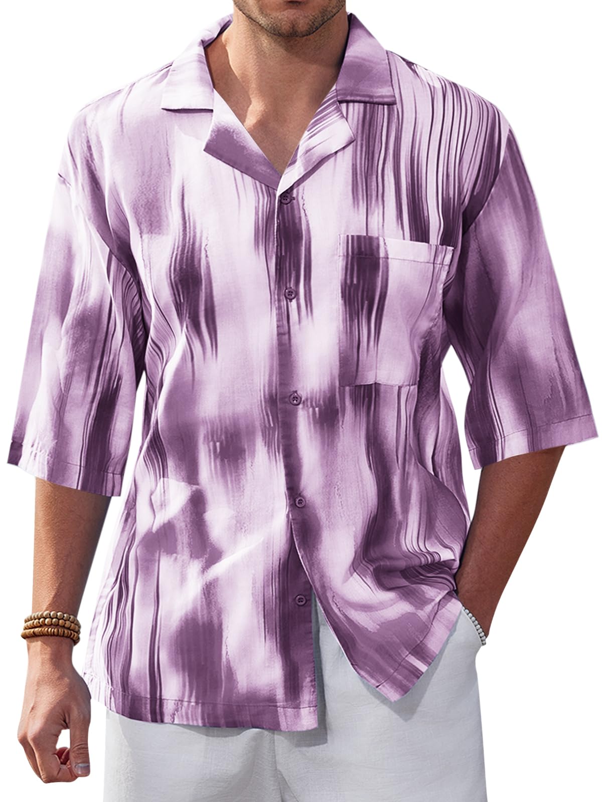Photo 1 of Runcati Mens Hawaiian Shirts Button Down Short Sleeve Cuban Shirt Beach Summer Printed Tops Large Light Purple