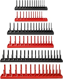 Hedume Set of 6 Socket Organizer Trays, Socket Rails, Red SAE and Black Metric Socket Storage Trays, 1/4", 3/8" and 1/2" Drive Deep and Shadow Socket Holders, Holds 80 SAE & 90 Metric Sockets