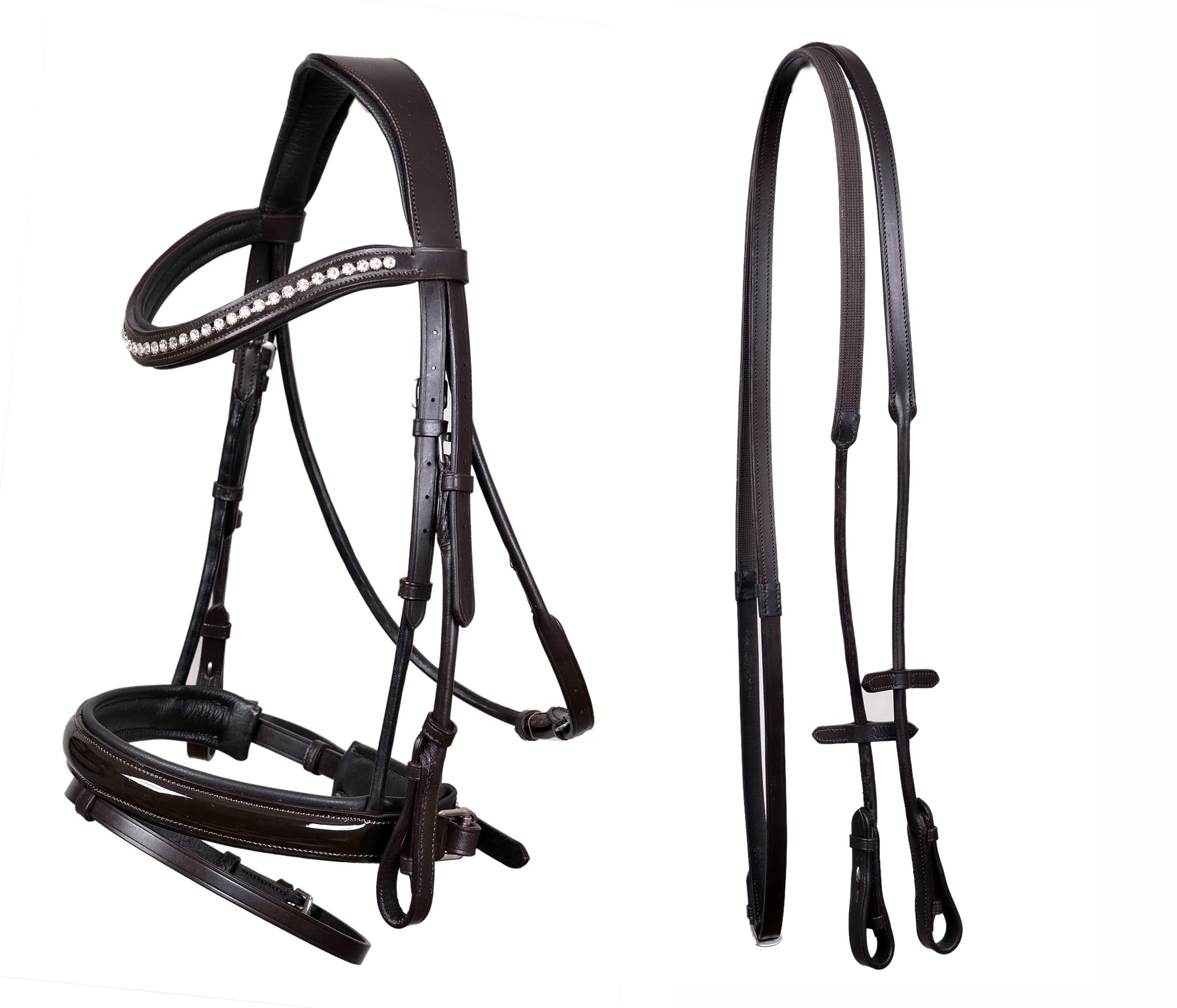 CHALLENGER Horse English All-Purpose Trail Pleasure Padded Leather Crystal Browband Bridle with Buckle Reins 803HI32BR-F