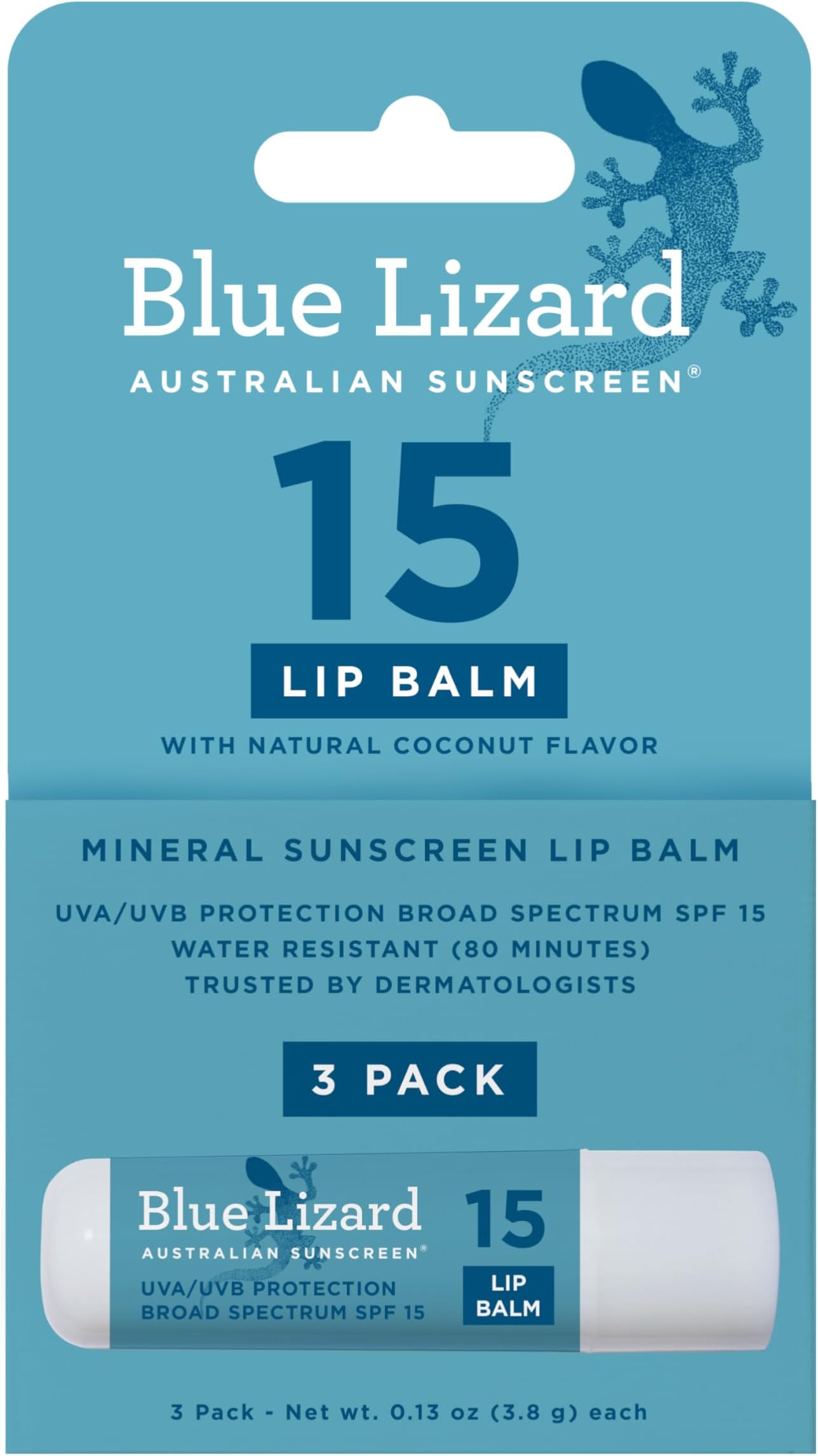 3-Pack Blue Lizard Mineral SPF 15 Lip Balm: Broad Spectrum Sun Protection, Natural Coconut Flavor, 8 Natural Oils, Infused with Australian Kakadu Plum, Rich in Vitamin C, Vegan, Each Tube 0.13 oz.
