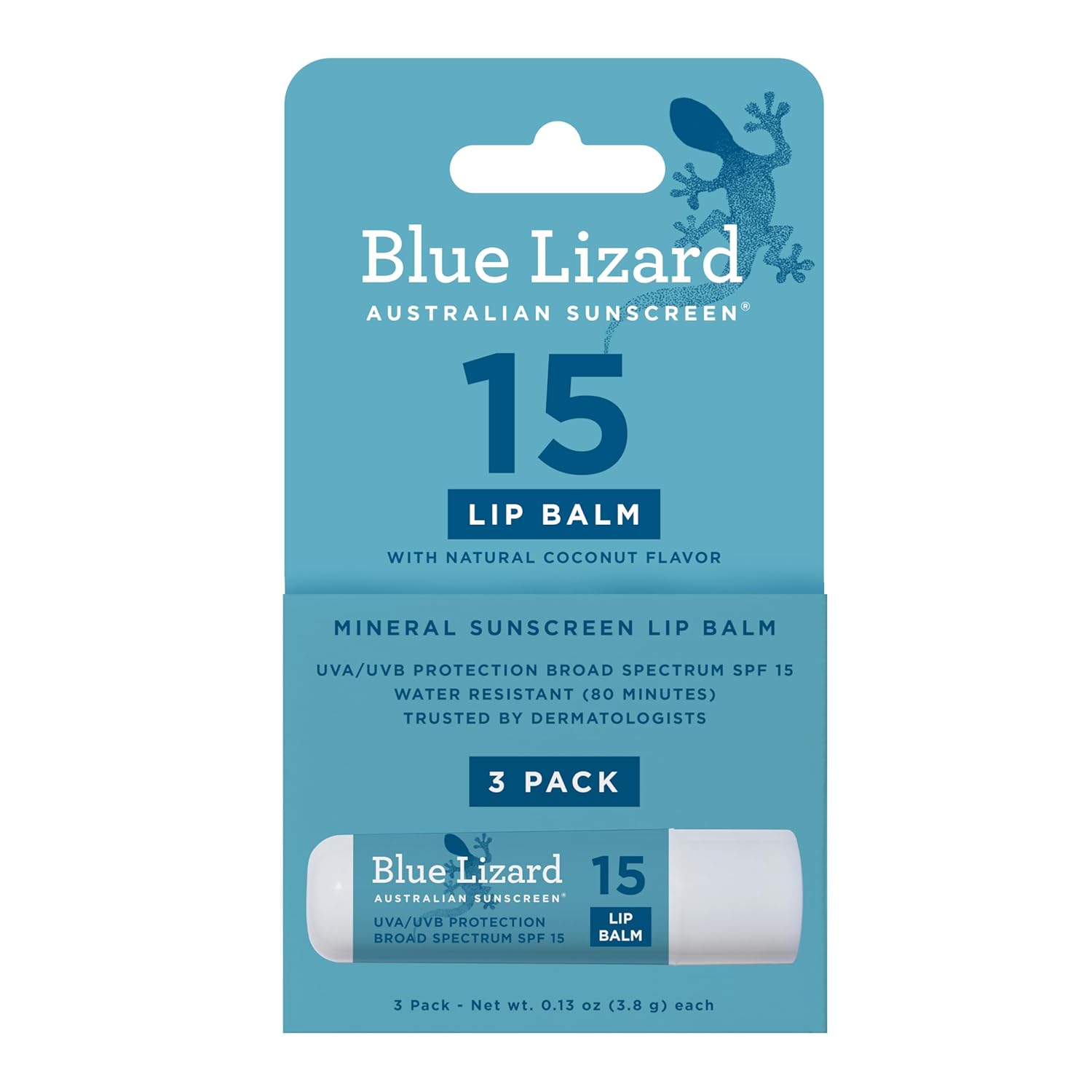 BLUE LIZARD Mineral SPF 15 Lip Balm 3-Pack Broad Spectrum Sun Protection Natural Coconut Flavor 8 Natural Oils