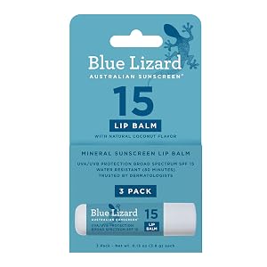 BLUE LIZARD Mineral SPF 15 Lip Balm 3-Pack Broad Spectrum Sun Protection Natural Coconut Flavor 8 Natural Oils